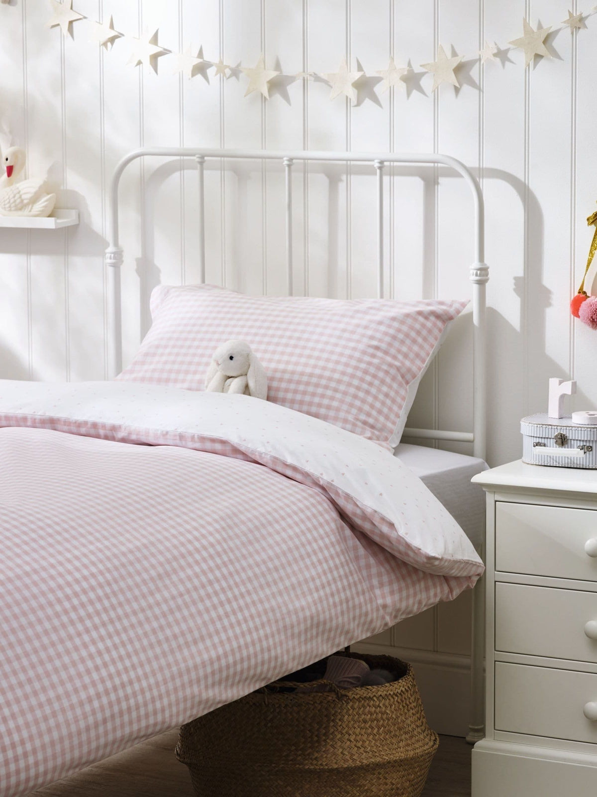 The White Company pink reversible gingham bed linen set (British brand)