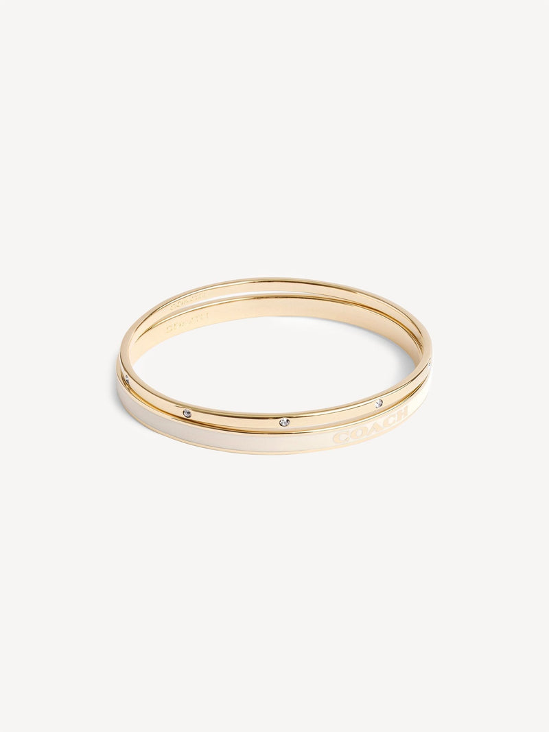 Duo Bangle Bracelet Set with Signature Logo and Crystal Stones, Brass and Enamel, Boxed