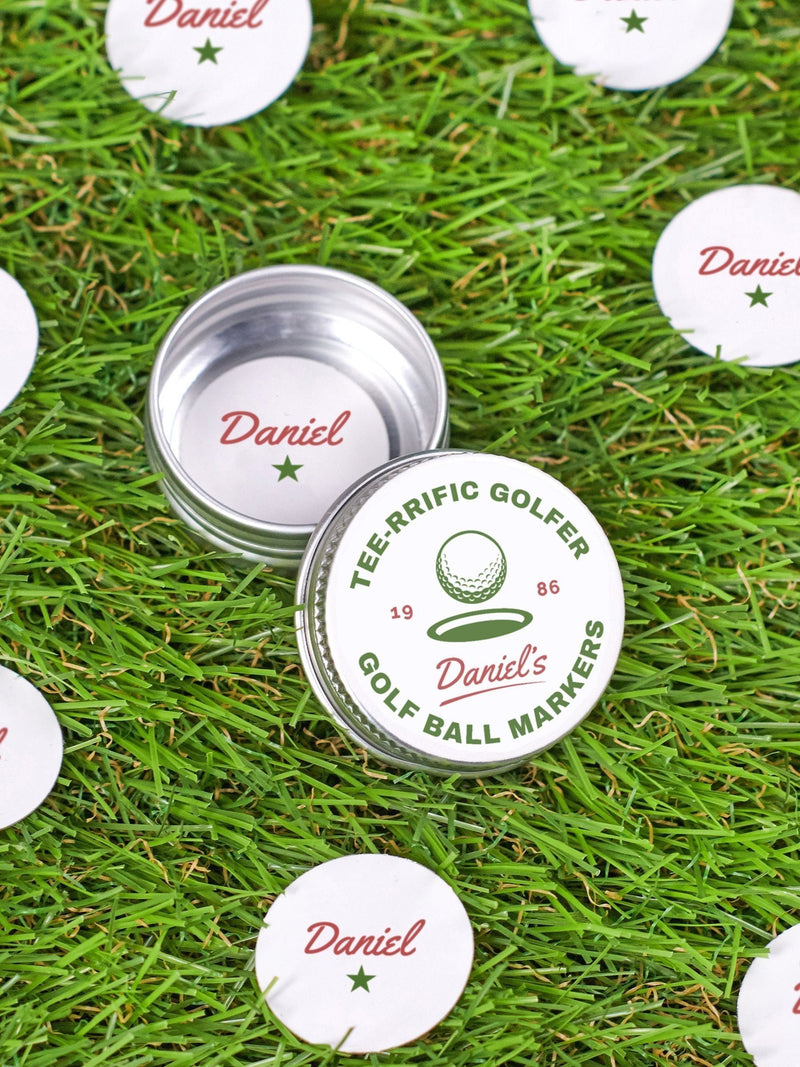 Oakdene personalised golf ball markers set of 10 in tin - British product