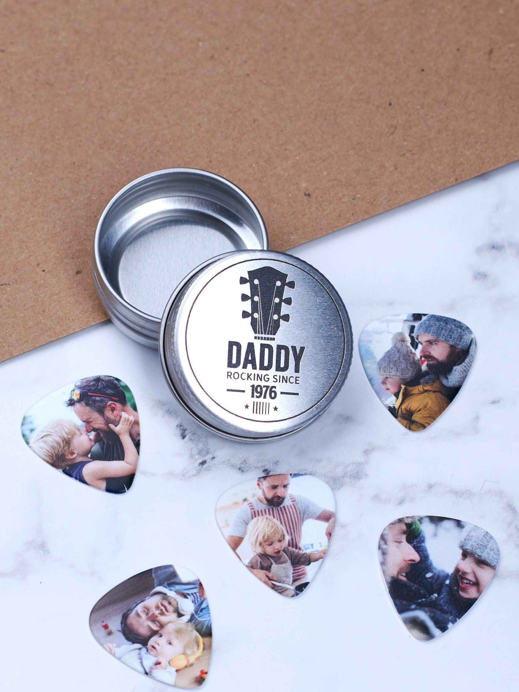 Oakdene personalised photo guitar plectrums in tin, UK version
