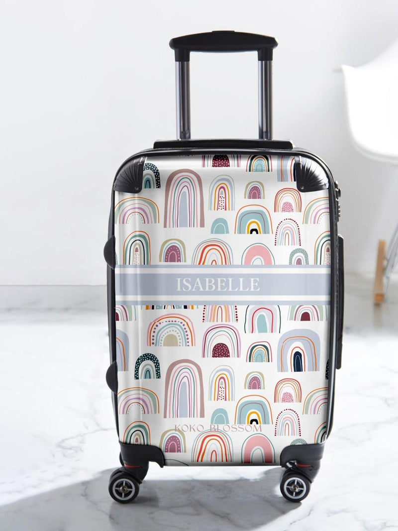 Koko Blossom personalised rainbow suitcase, imported from the UK