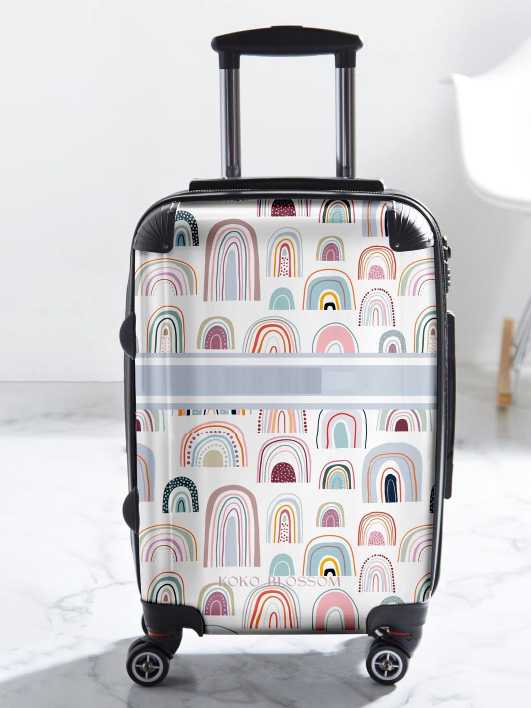 Koko Blossom personalised rainbow suitcase, imported from the UK