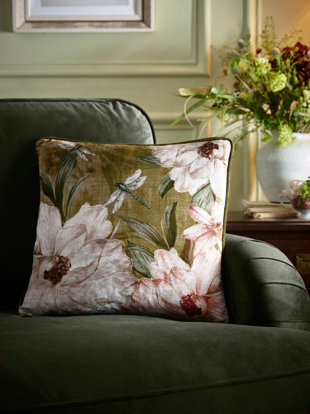 Appletree Olive Fiorella velvet cushion 43cm, imported from the UK