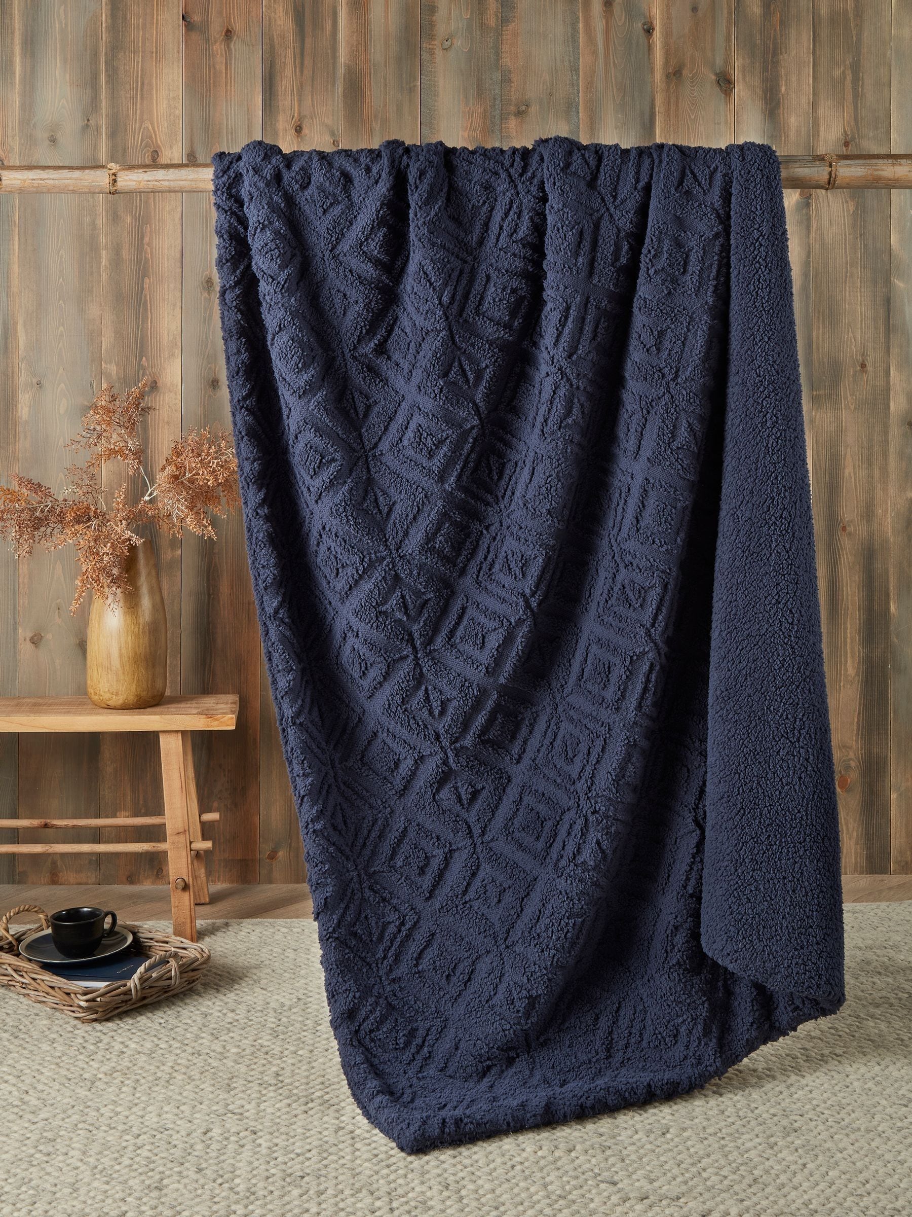 Fusion navy sherpa throw fleece blanket 180x130cm, UK version