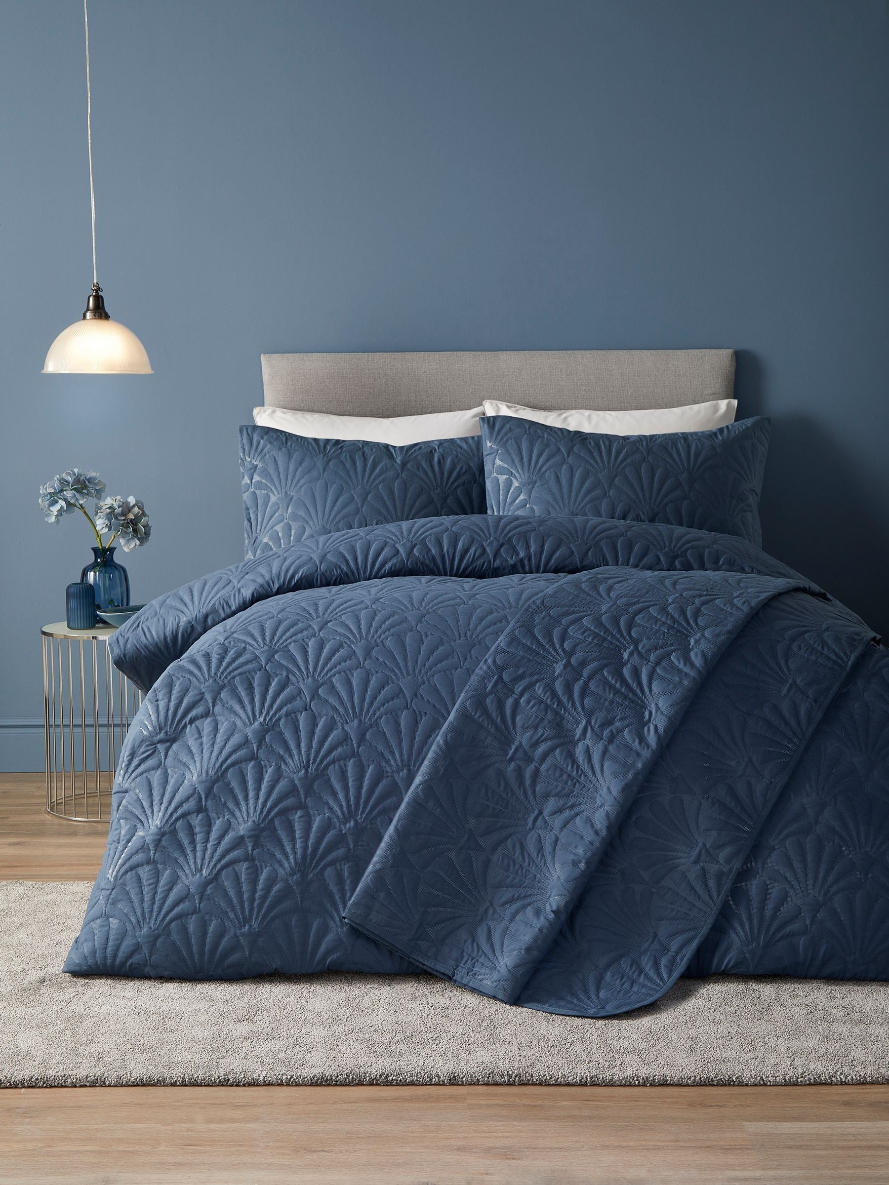 Serene dark blue quilted bedspread, UK version