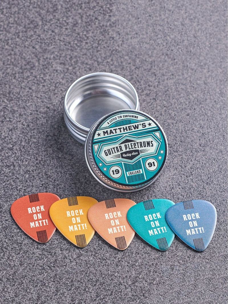 Oakdene personalised guitar plectrums in tin, UK version