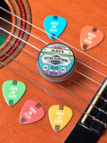 Oakdene personalised guitar plectrums in tin, UK version
