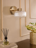 Brass rechargeable Lexington wall light with ribbed glass shade, imported from the UK