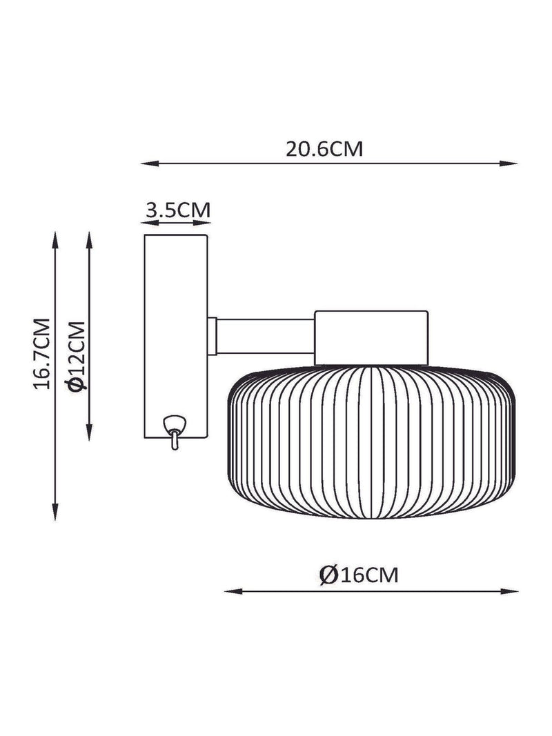 Brass rechargeable Lexington wall light with ribbed glass shade, imported from the UK