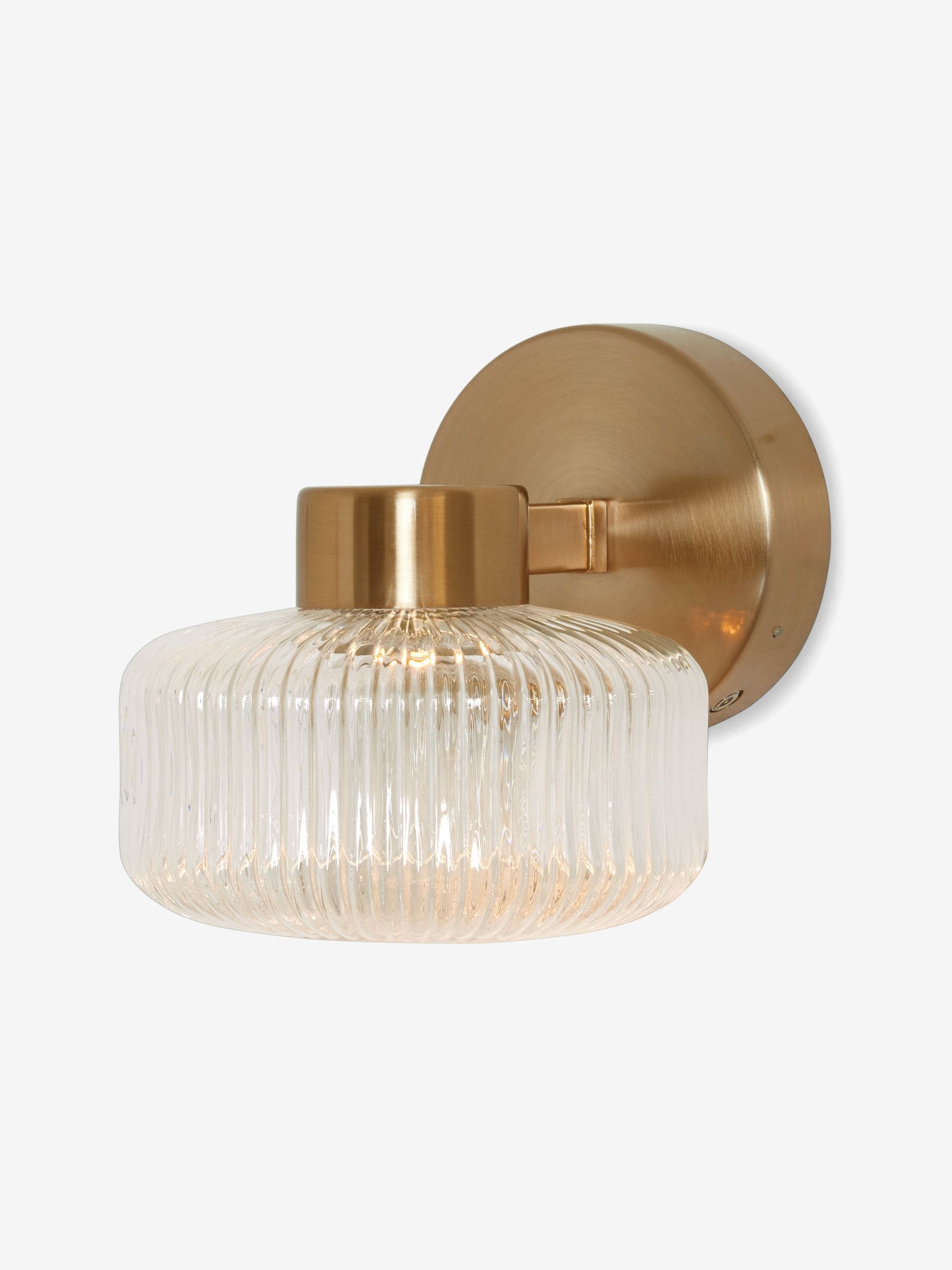 Brass rechargeable Lexington wall light with ribbed glass shade, imported from the UK