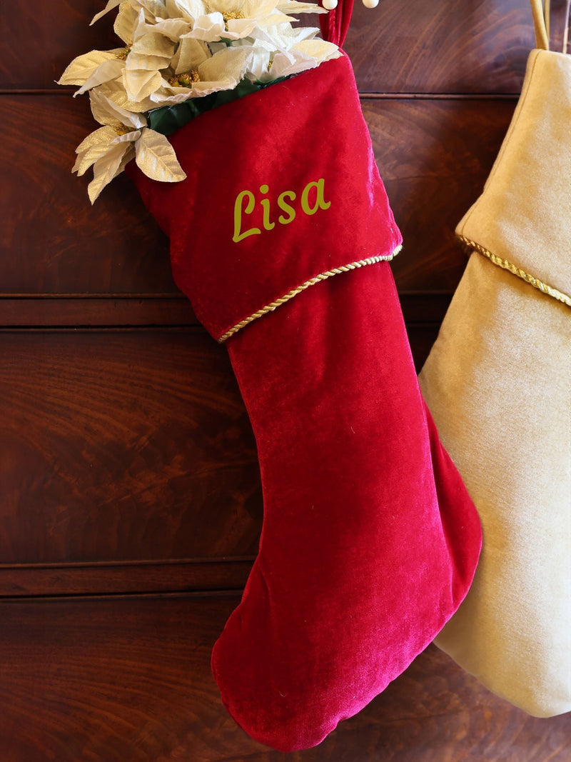 Dibor personalised velvet Christmas stocking, imported from the UK