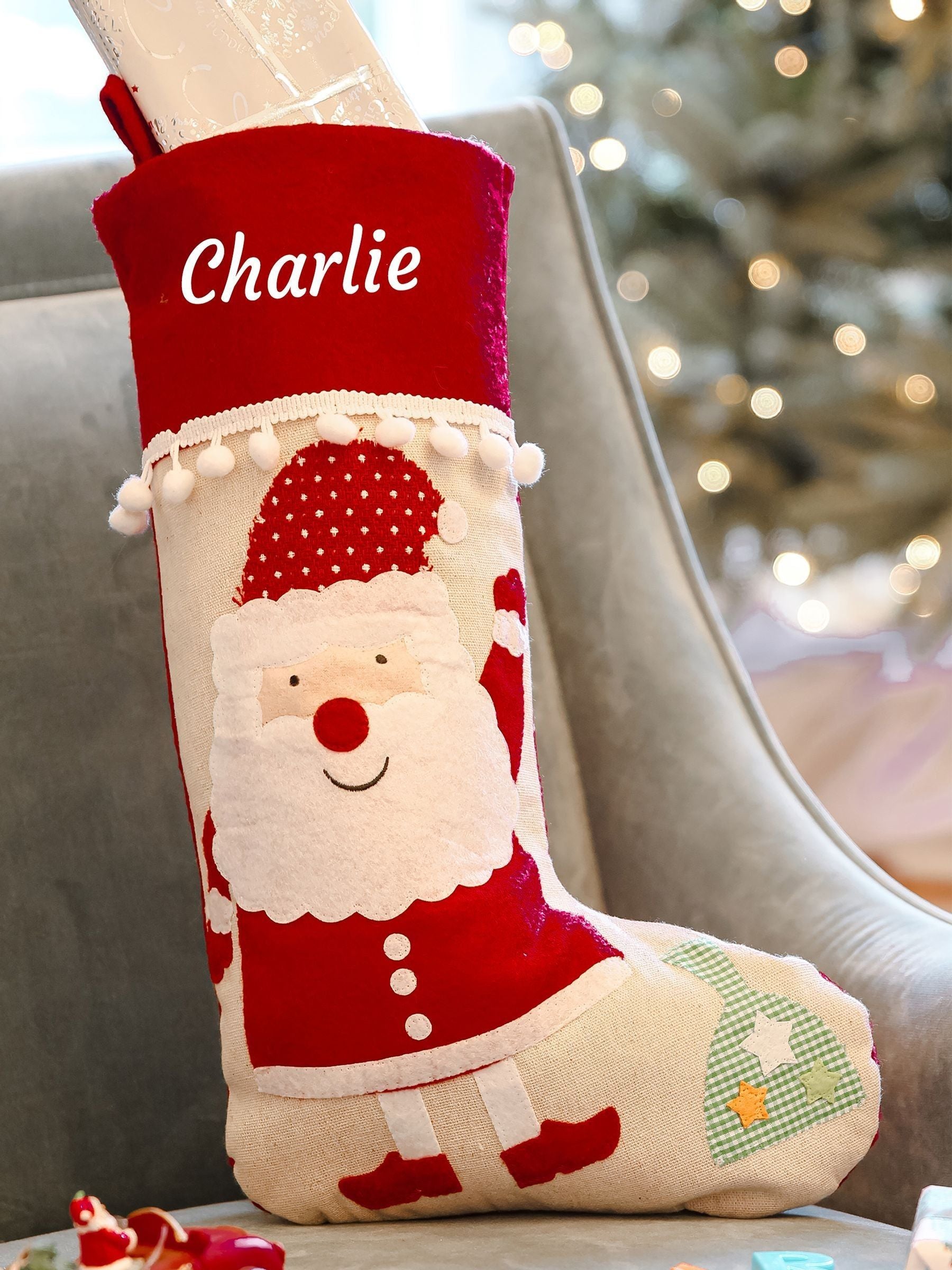 Dibor personalised Christmas stocking with pompom border - British product
