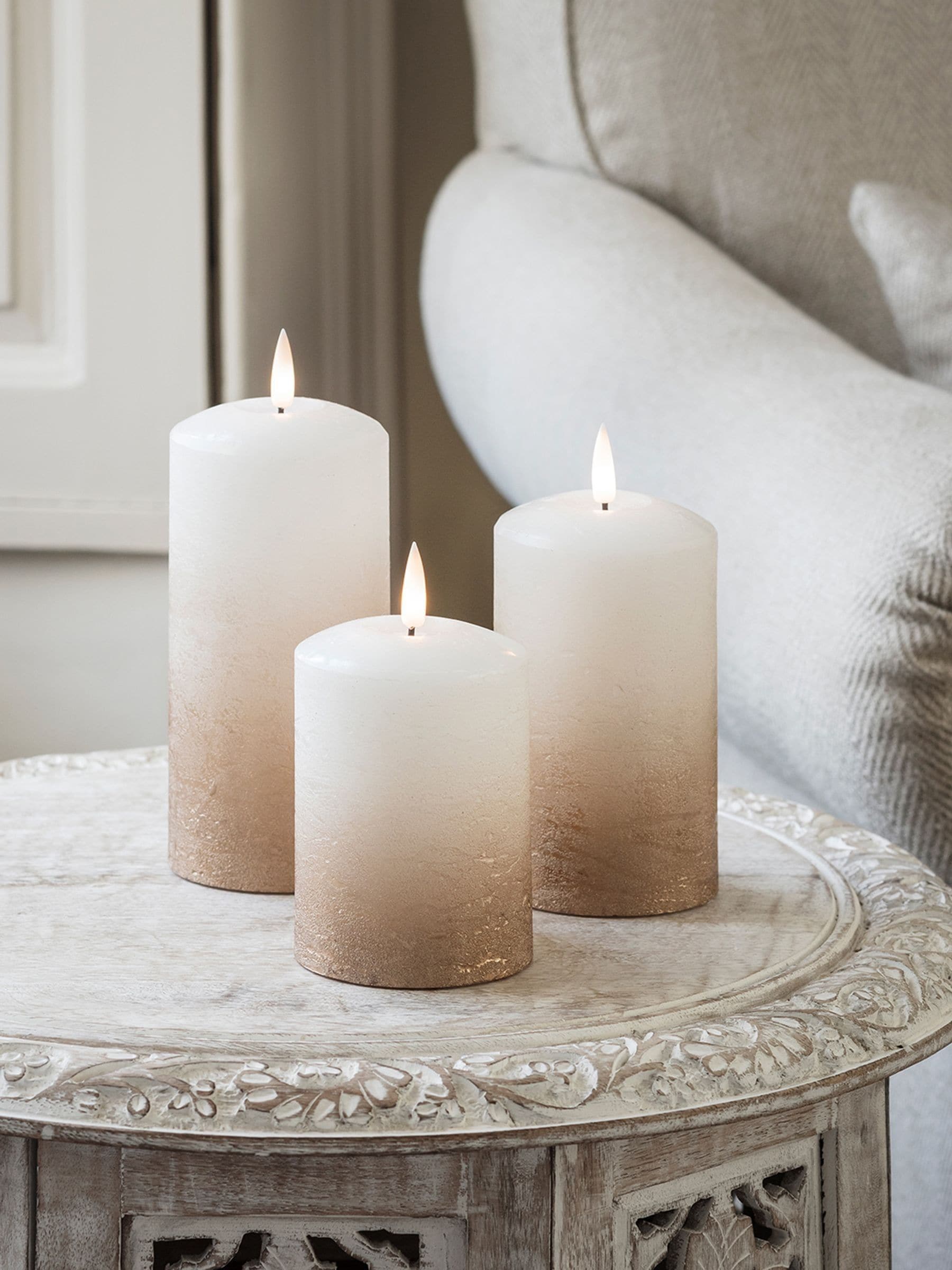 Lights4fun TruGlow bronze ombre LED pillar candle trio 15cm, UK version