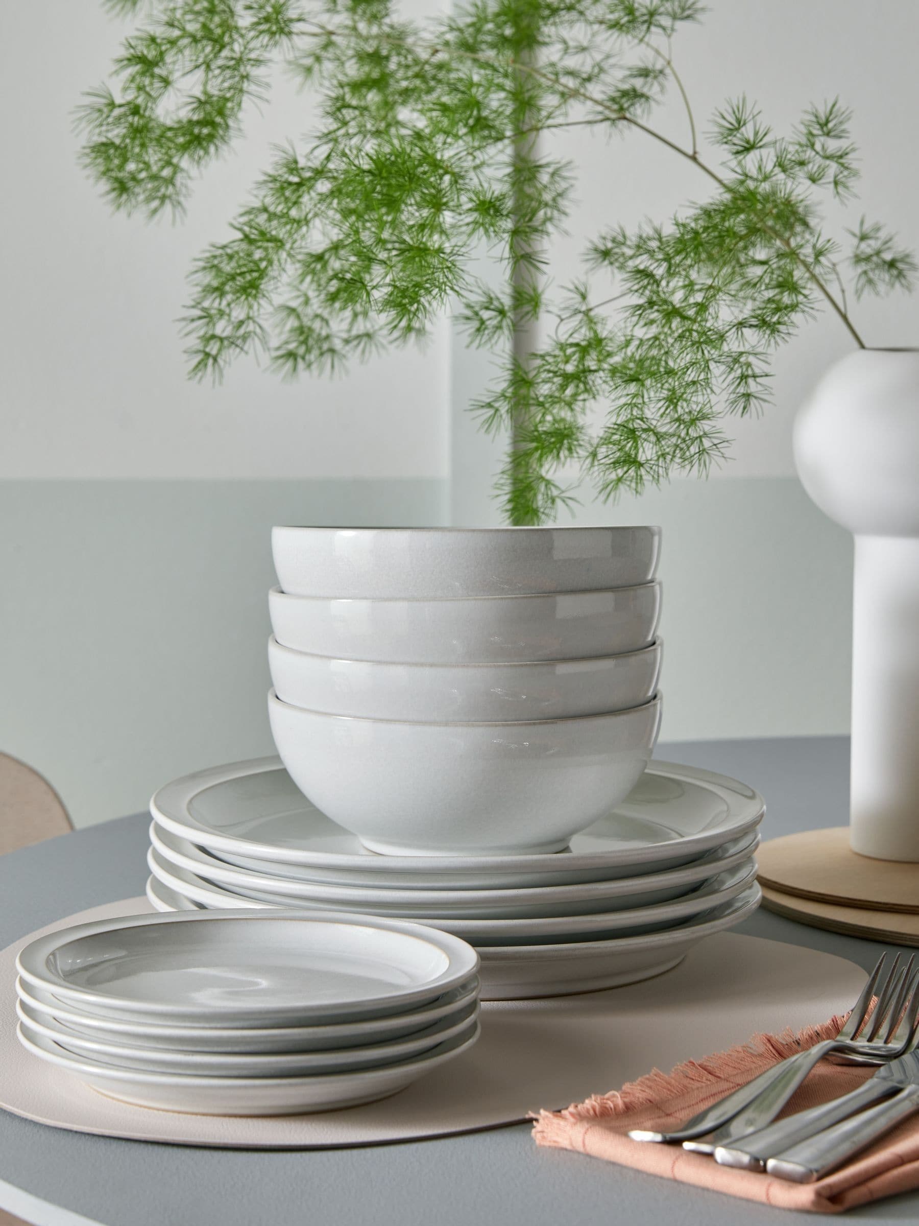 12 Piece Dove Grey and White Oven-Safe Dinner Set