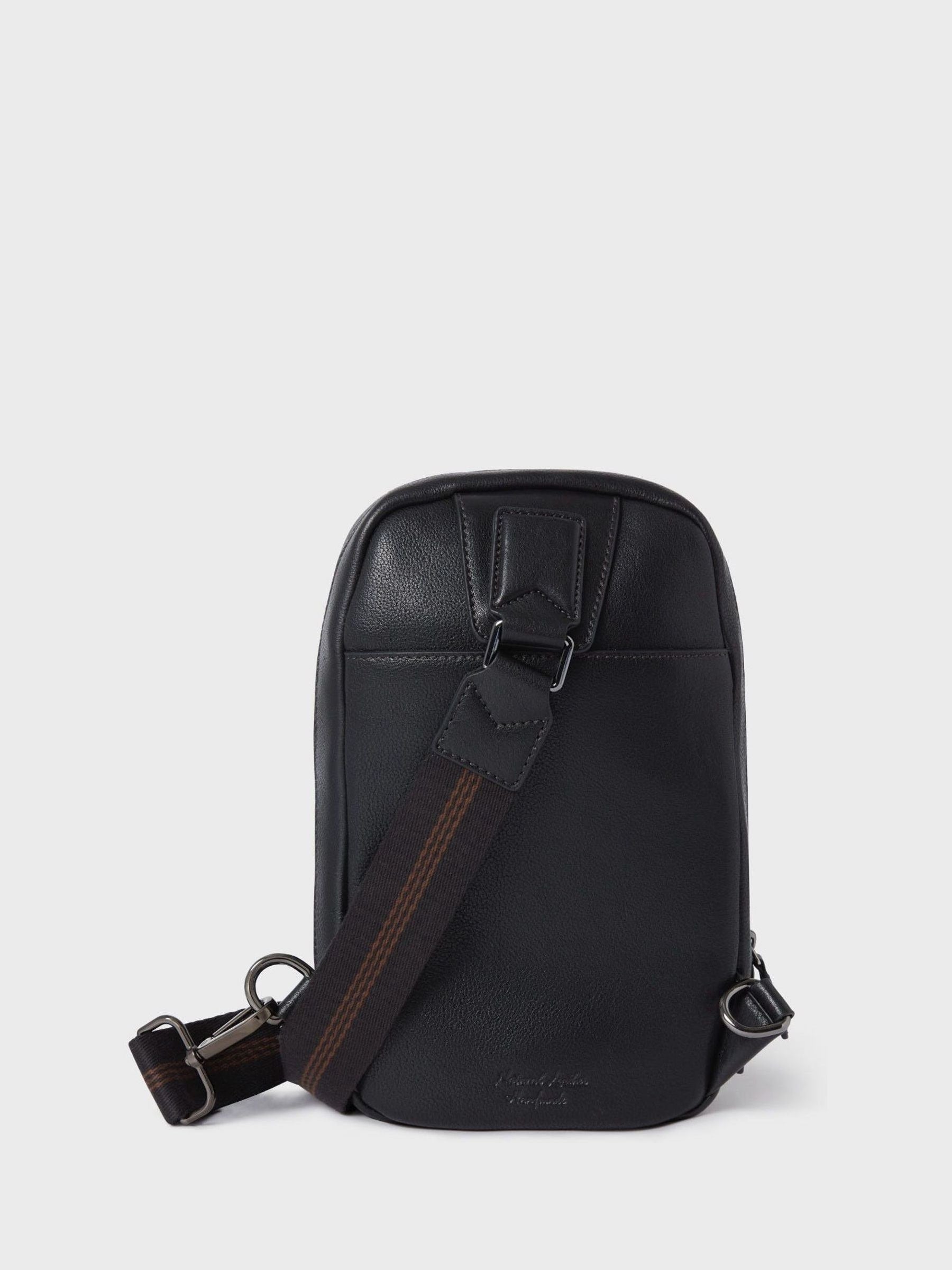 OSPREY LONDON black leather compass sling bag, imported from the UK