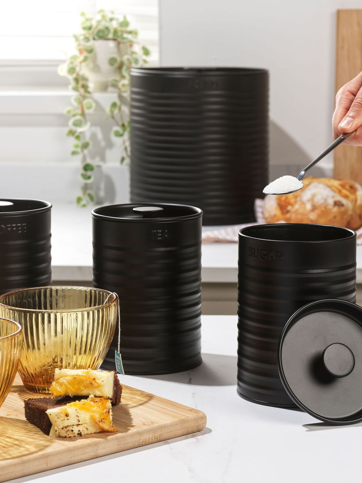 Russell Hobbs 4 Piece Black Ribbed Countertop Set, imported from the UK