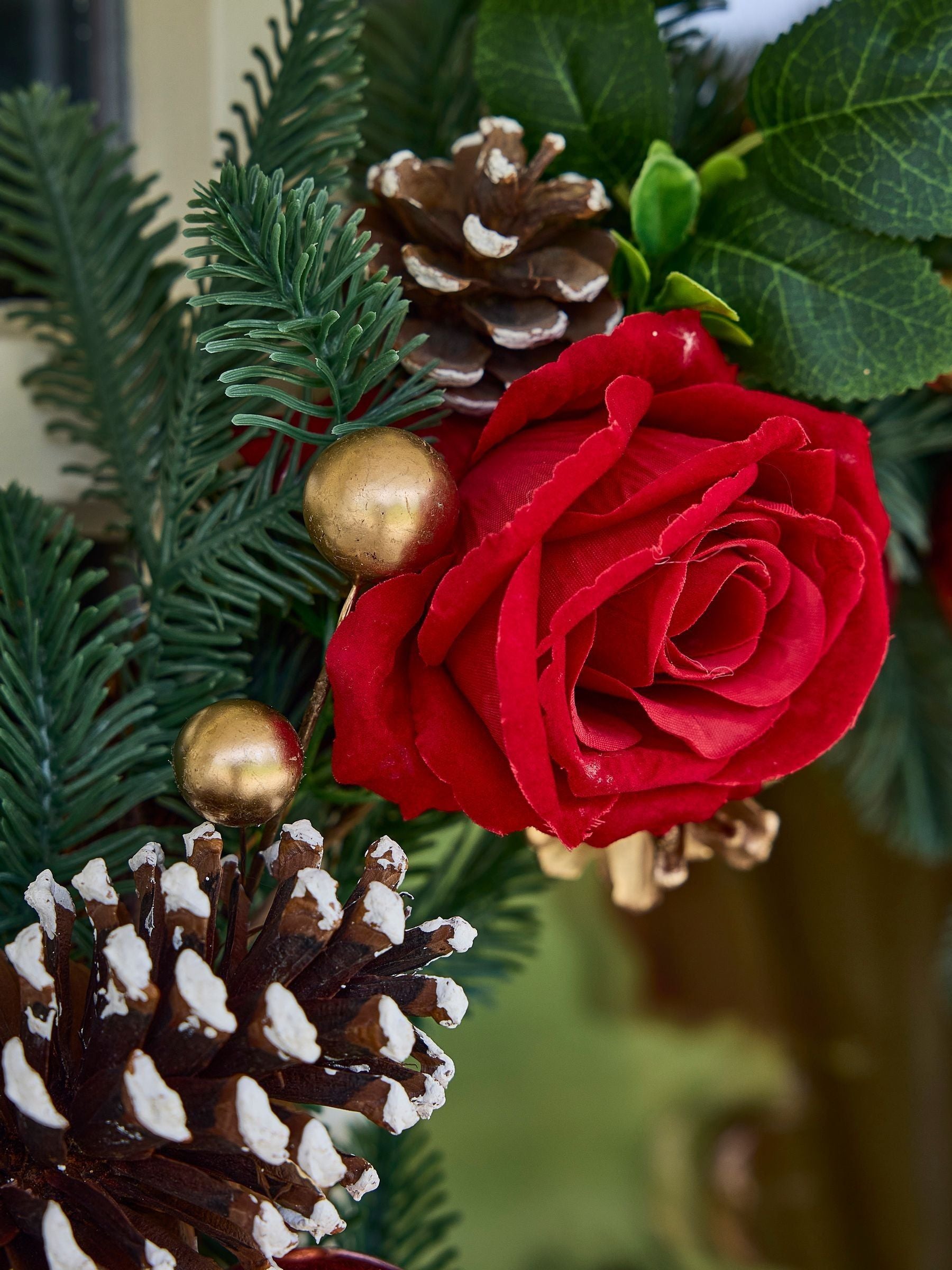 Christmas Rose Wreath with Metallic Baubles, 55cm Diameter