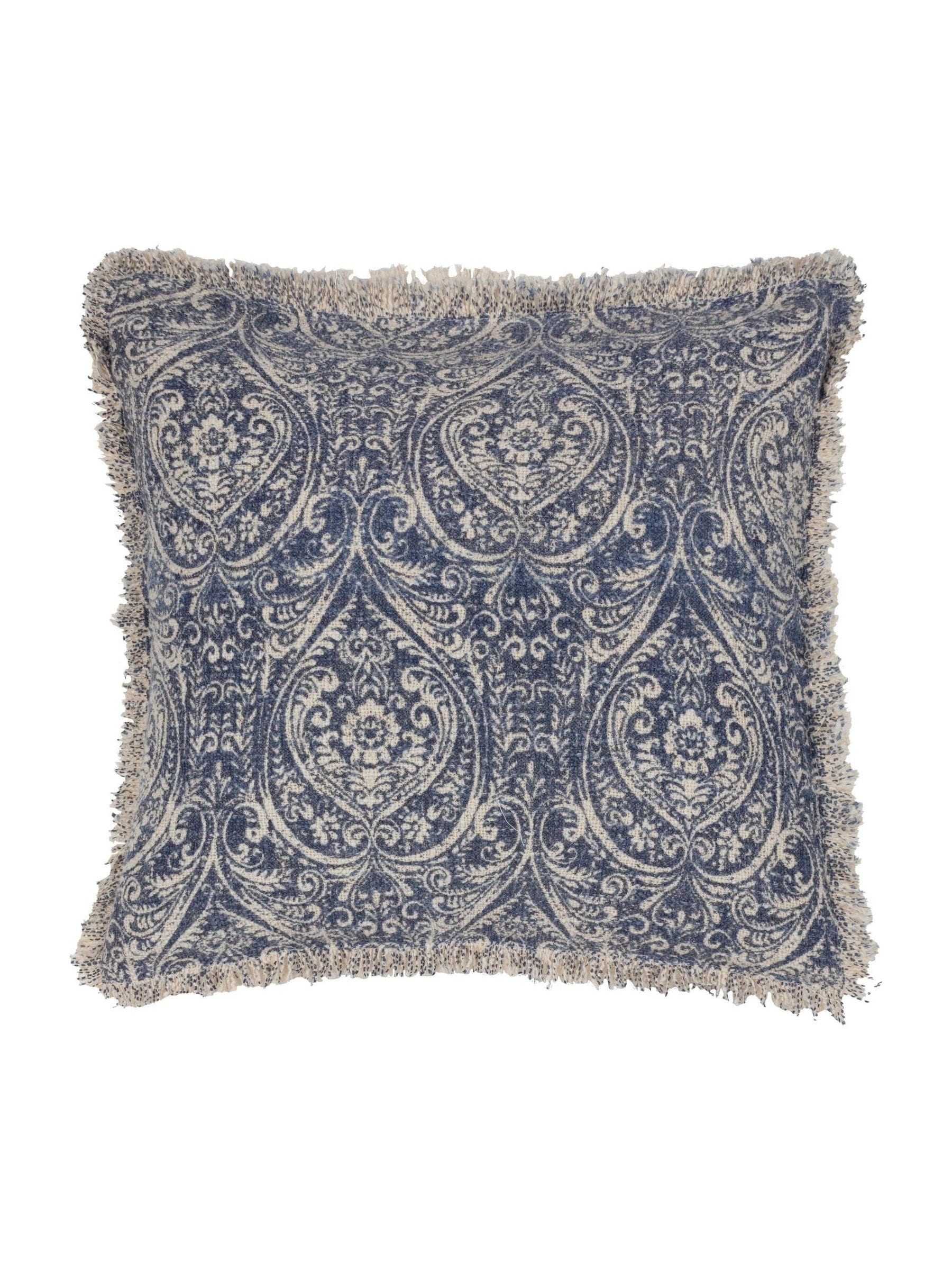Paoletti blue damask fringed cushion 50cm - British product