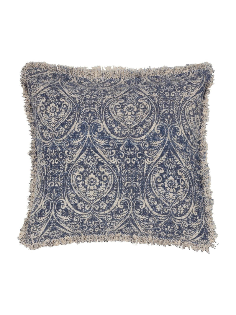 Paoletti blue damask fringed cushion 50cm - British product