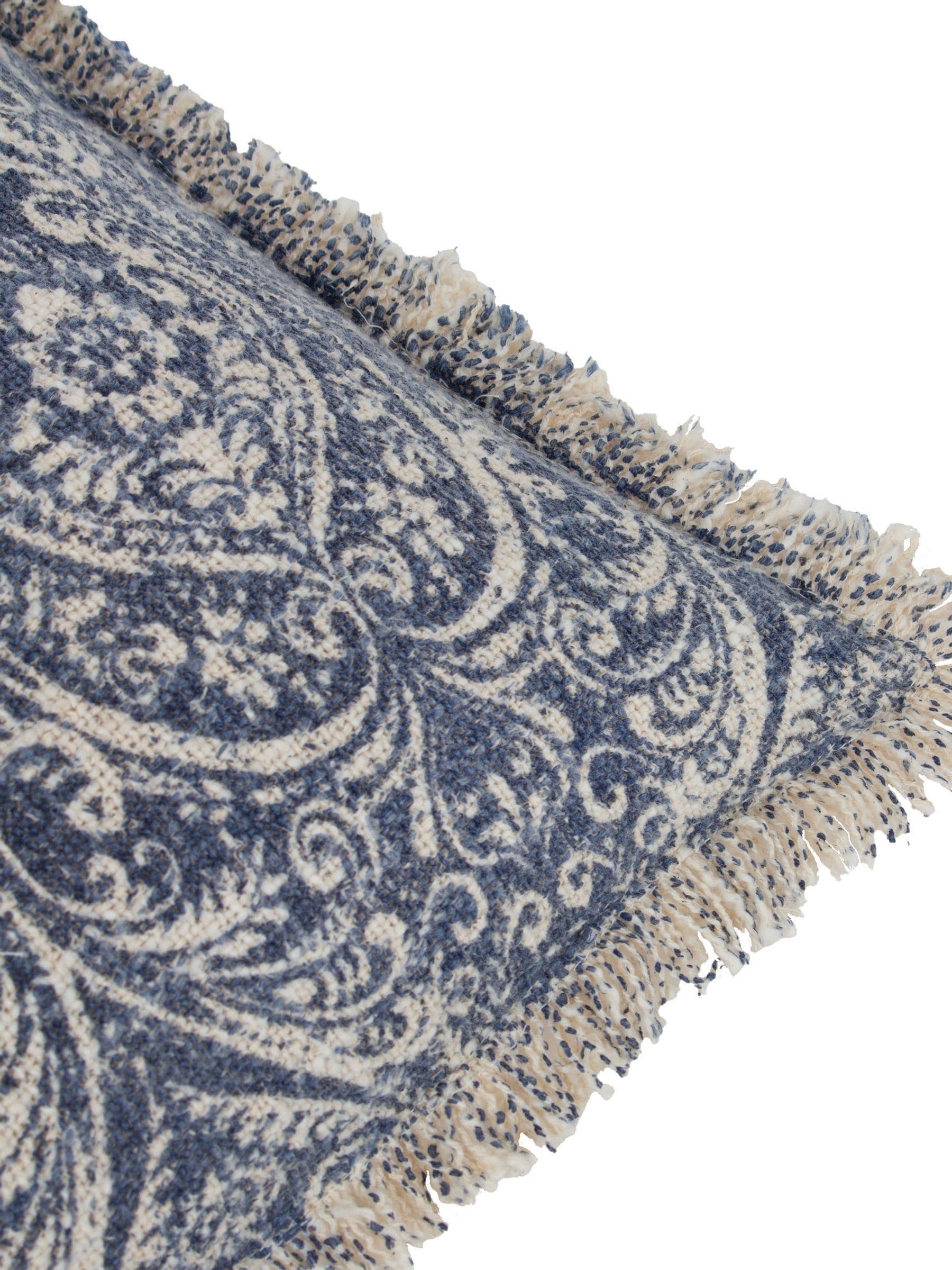 Paoletti blue damask fringed cushion 50cm - British product