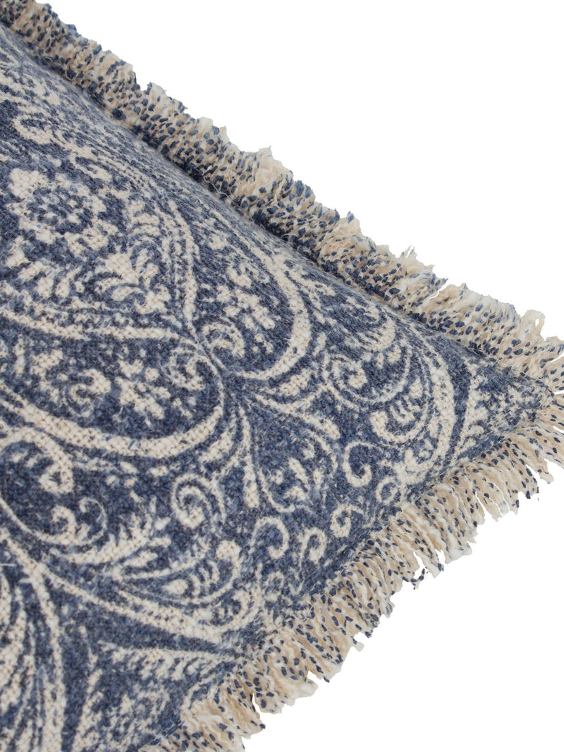 Paoletti blue damask fringed cushion 50cm - British product