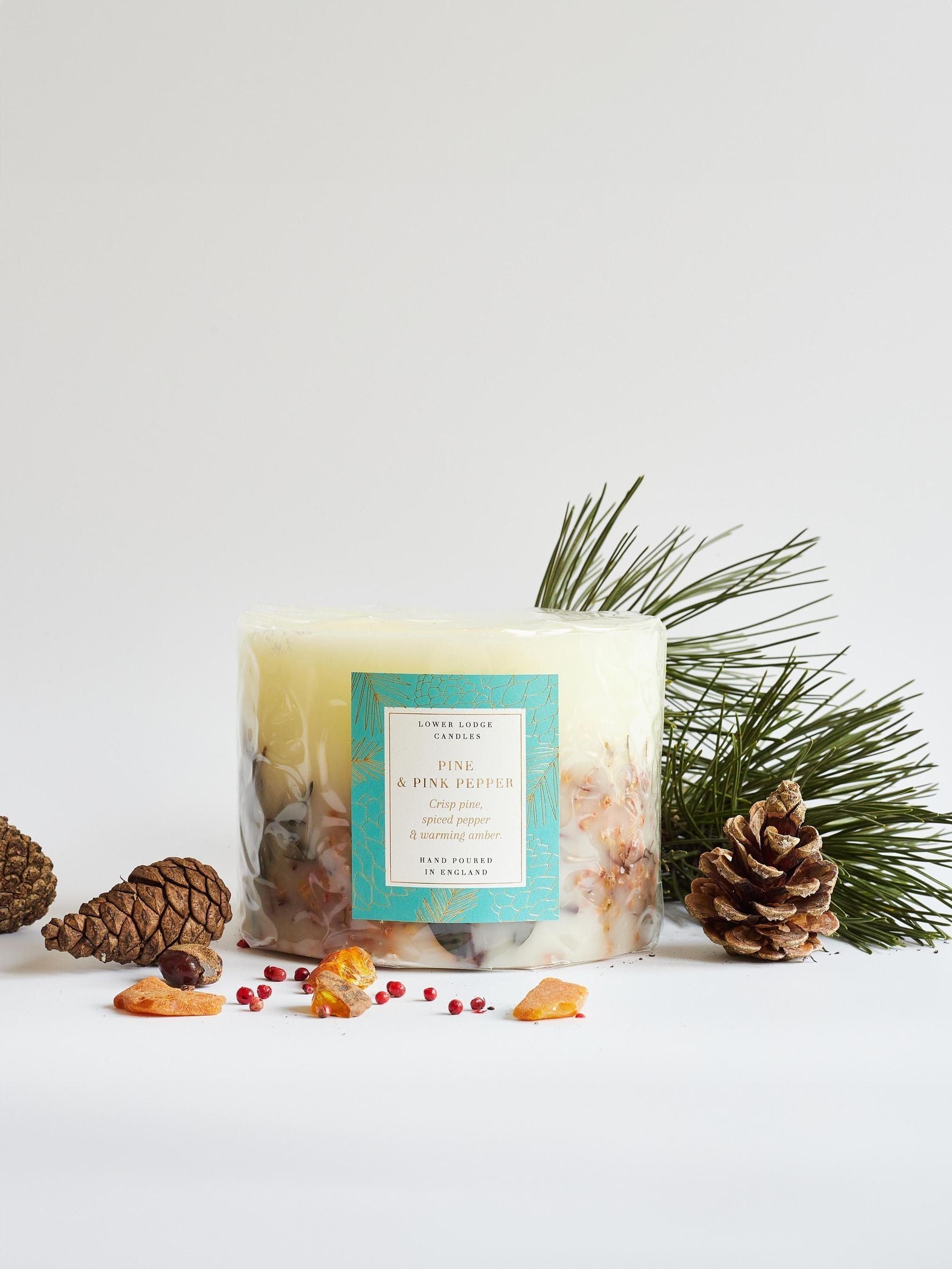 Large Pine and Pink Pepper Scented Botanical Candle