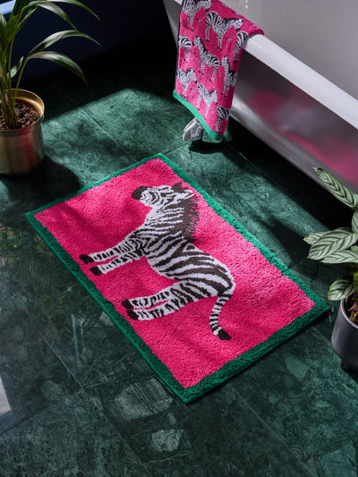 Next Pink Zebra 100% Cotton Bath Mat - Pink with Green Border, Zebra Design, 50x80cm- Buy online at McGrocer
