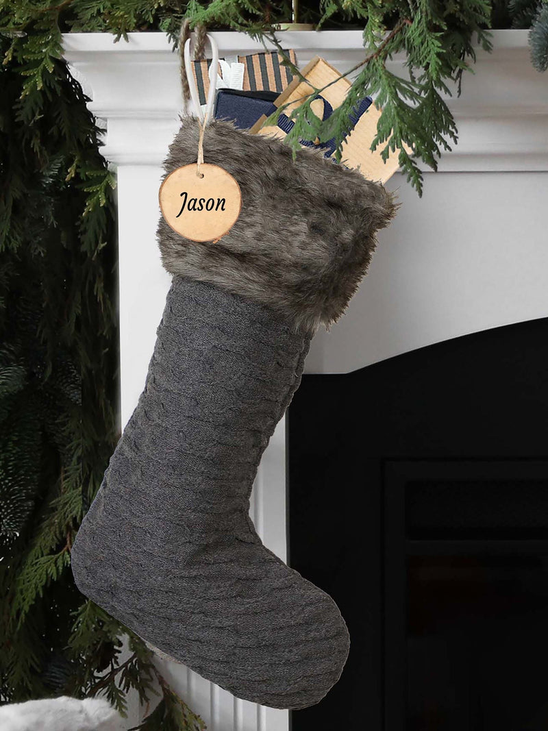 Dibor grey knit Christmas stocking personalised birch tag, UK version