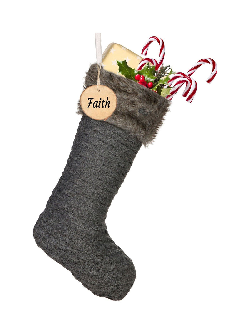 Dibor grey knit Christmas stocking personalised birch tag, UK version