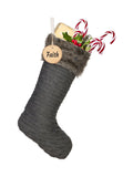 Dibor grey knit Christmas stocking personalised birch tag, UK version