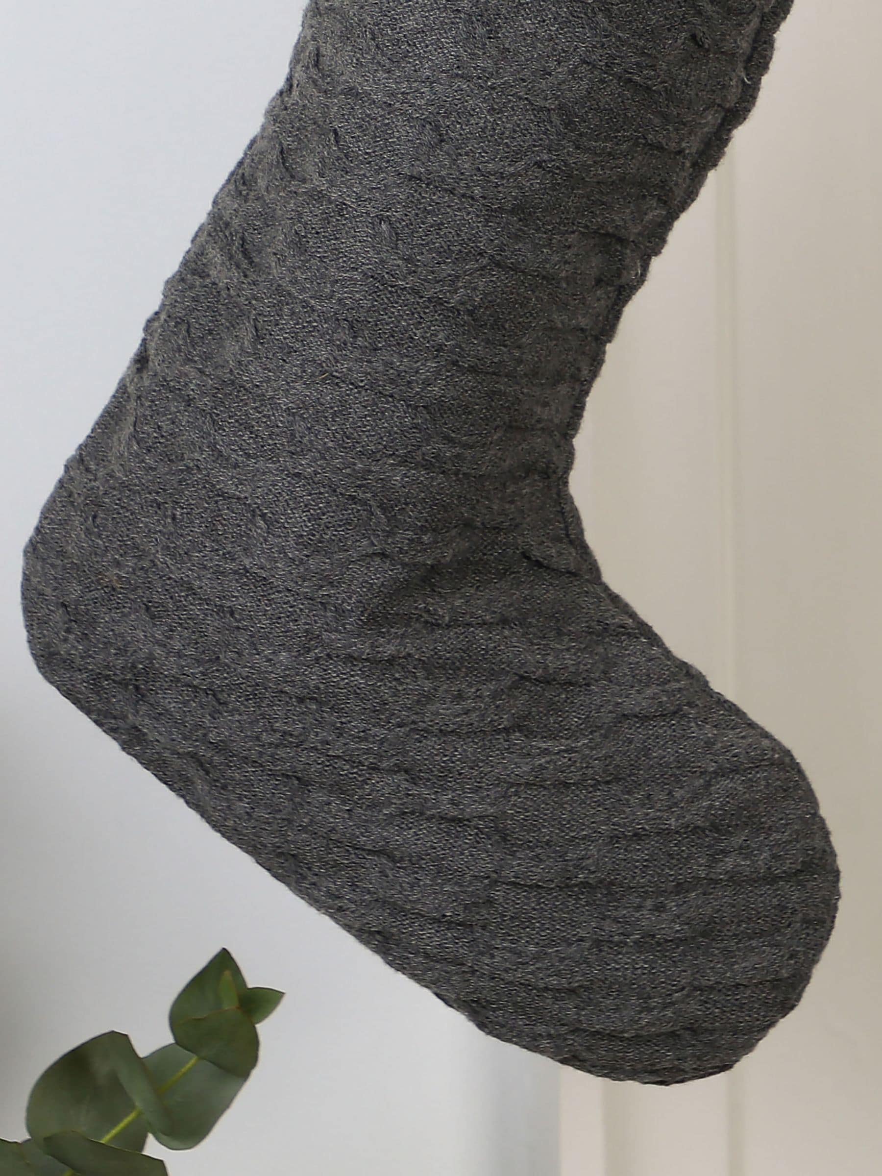 Dibor grey knit Christmas stocking personalised birch tag, UK version