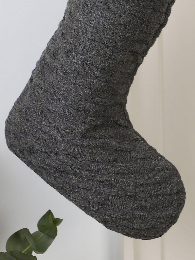 Dibor grey knit Christmas stocking personalised birch tag, UK version