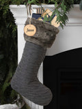 Dibor grey knit Christmas stocking personalised birch tag, UK version