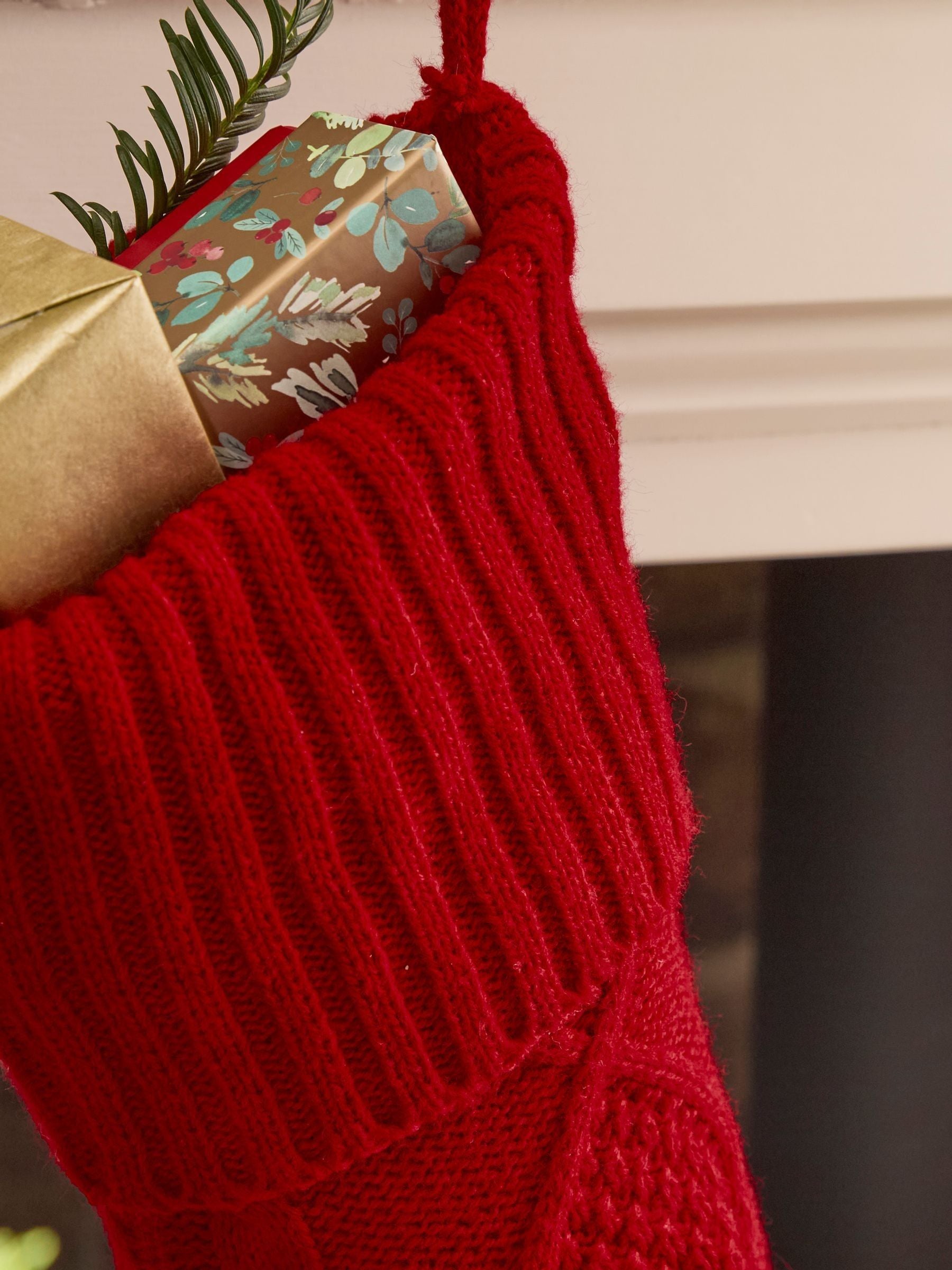 Dibor red cable knit Christmas stocking 50cm, imported from the UK