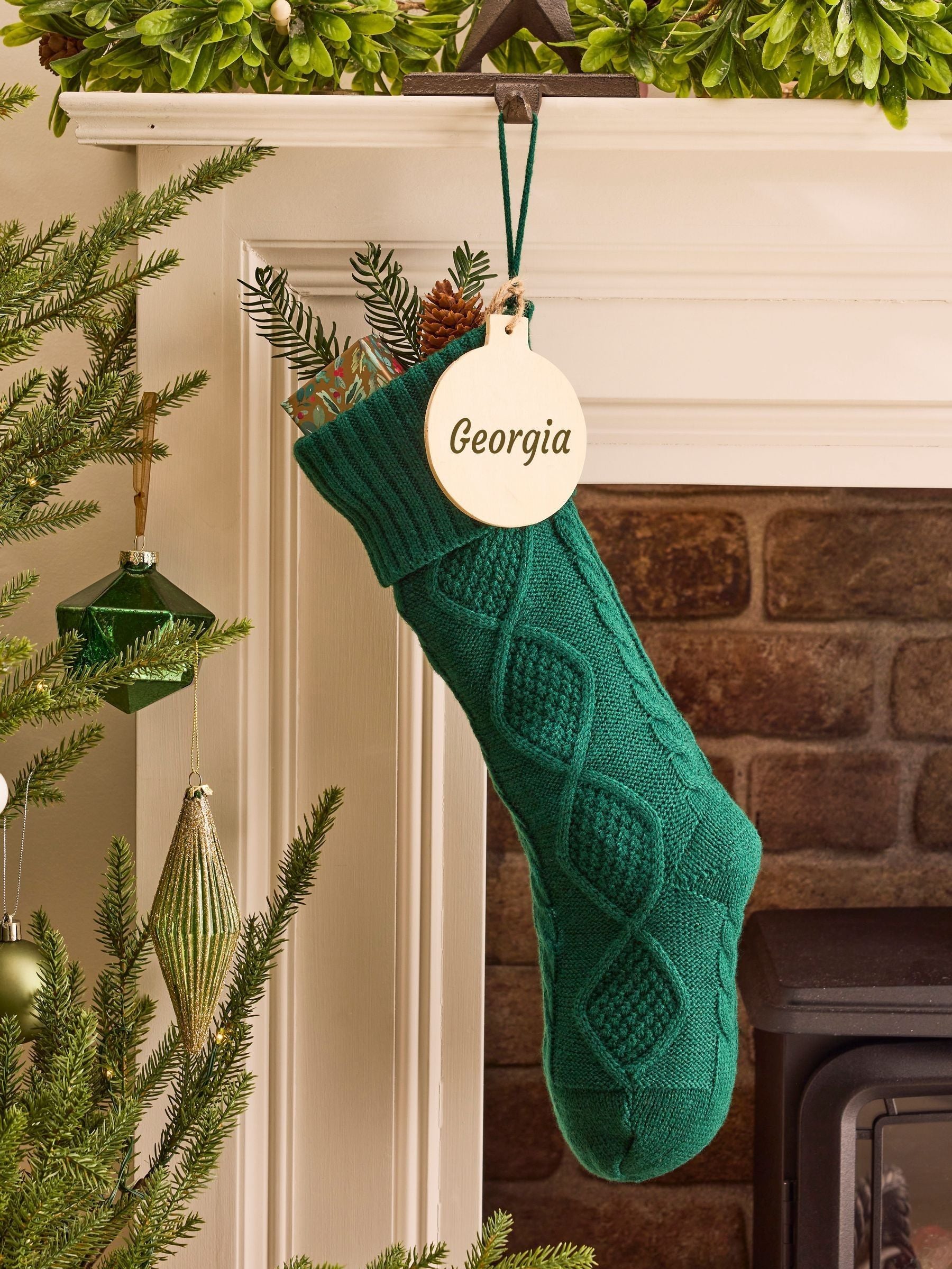 Dibor green cable knit Christmas stocking 50cm, imported from the UK