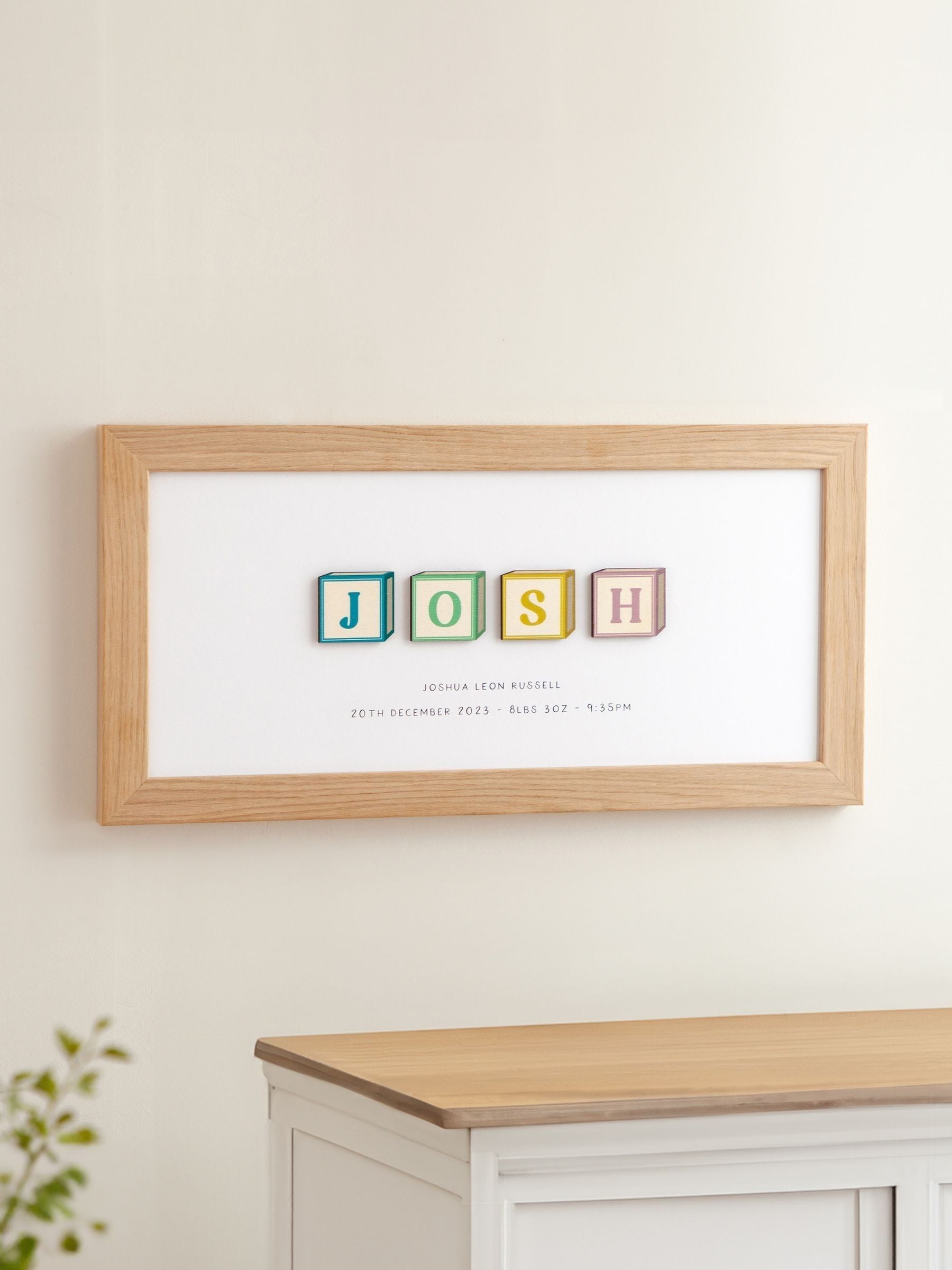 No Ordinary Gift wooden building blocks personalised baby print oak frame 18x40cm (British brand)