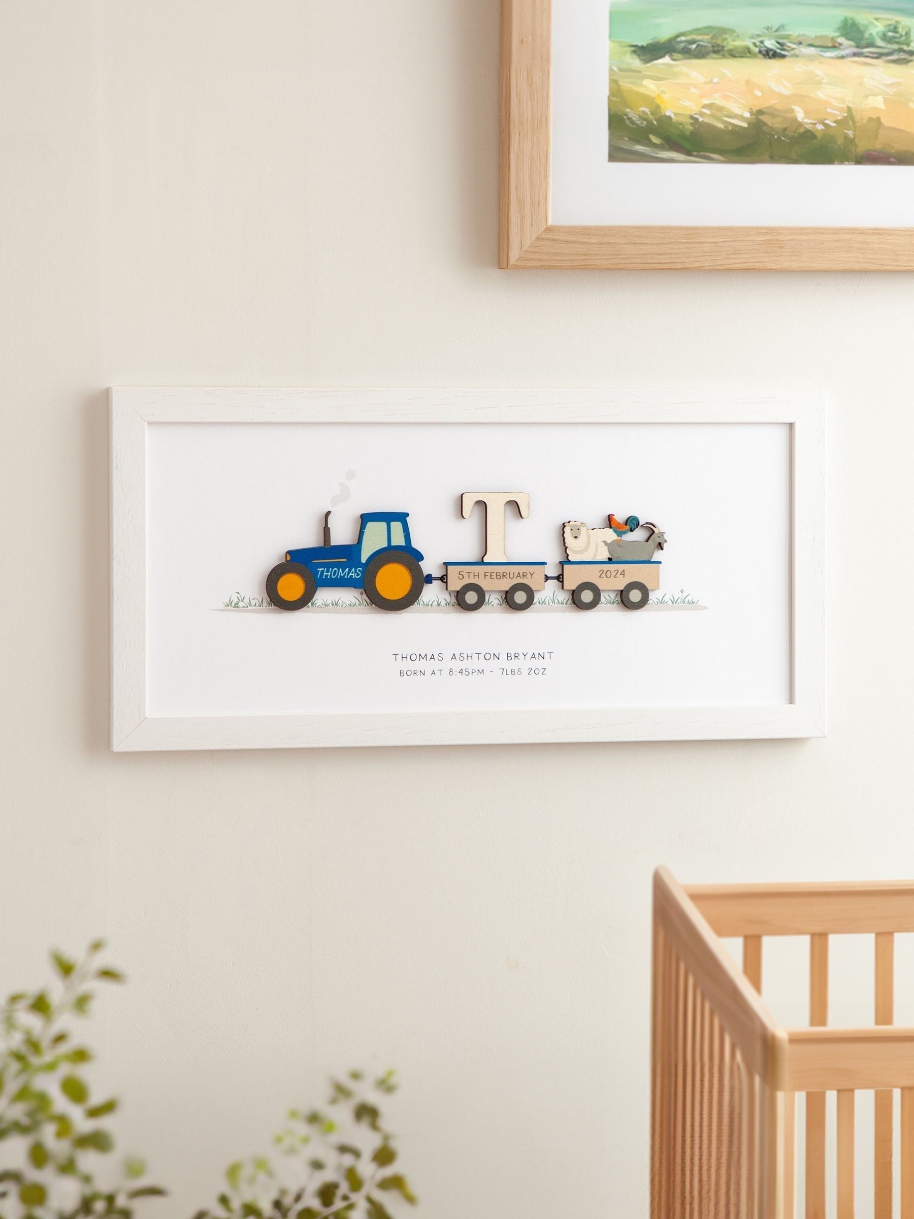 No Ordinary Gift personalised wooden tractor print baby gift 18x40cm, imported from the UK