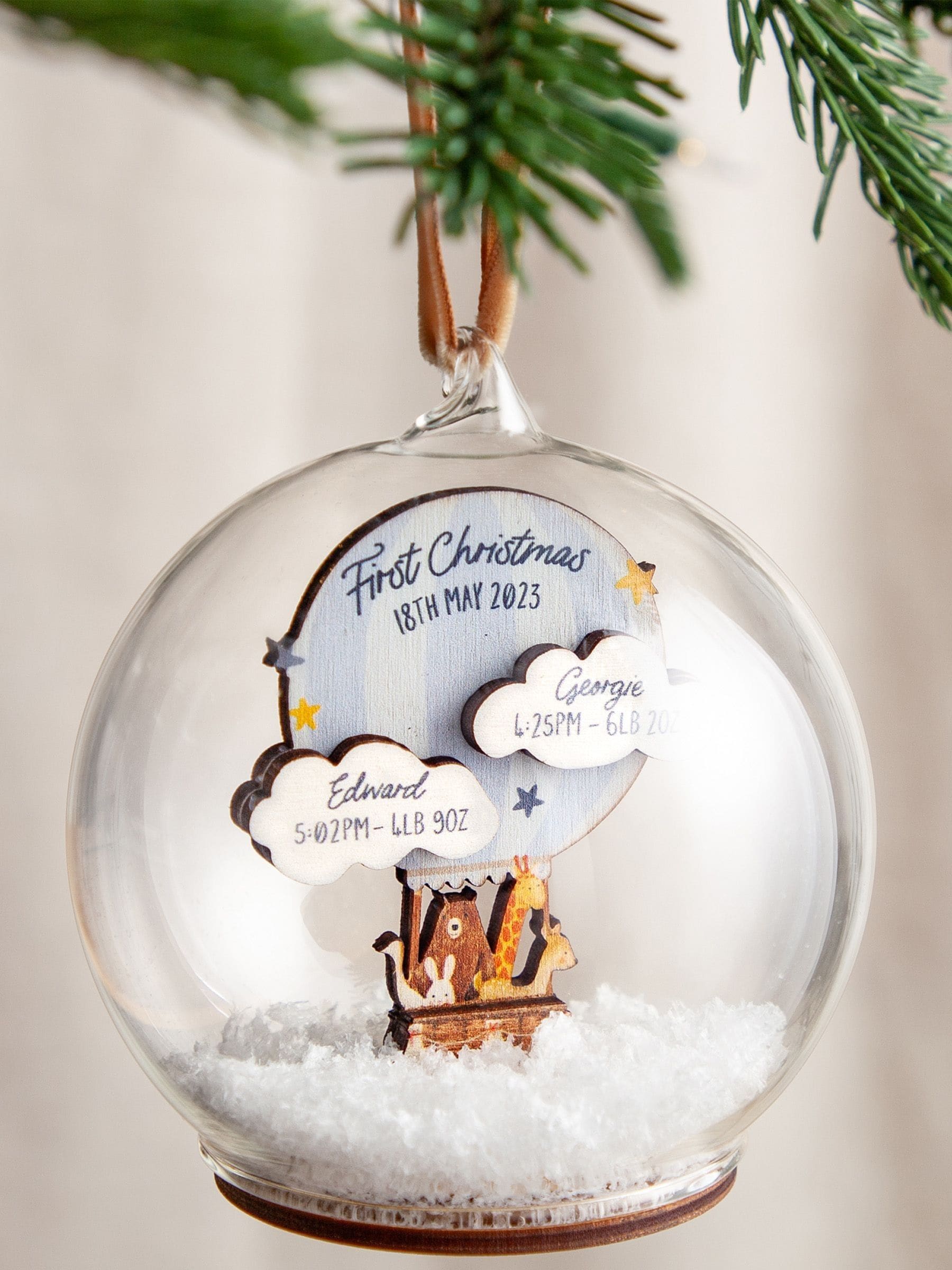 No Ordinary Gift twins hot air balloon Christmas bauble, imported from the UK