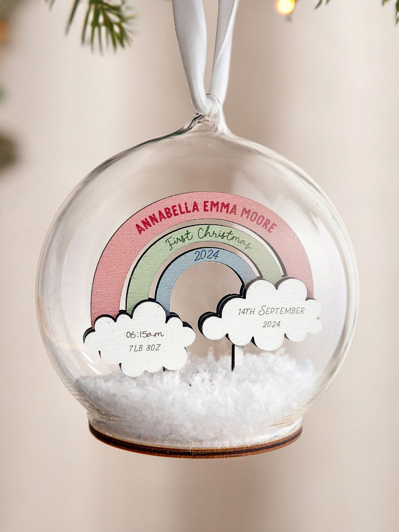 No Ordinary Gift personalised rainbow baby Christmas bauble 10x10cm (British brand)