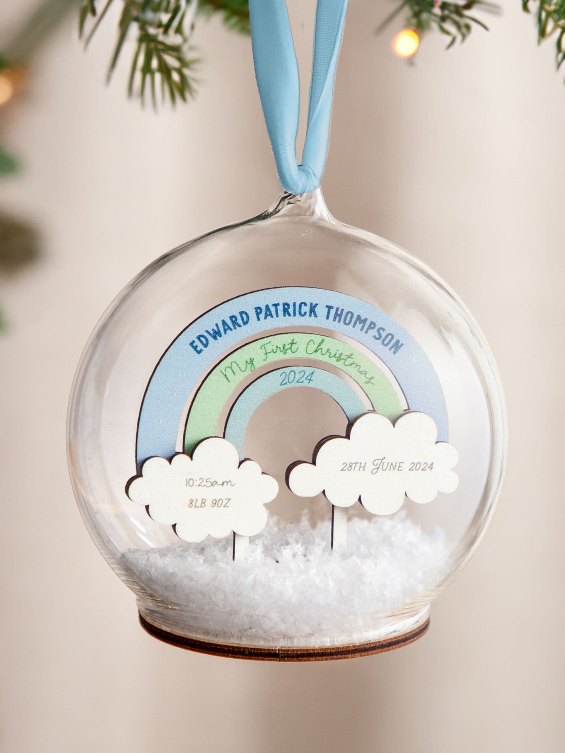 No Ordinary Gift personalised rainbow baby Christmas bauble 10x10cm (British brand)
