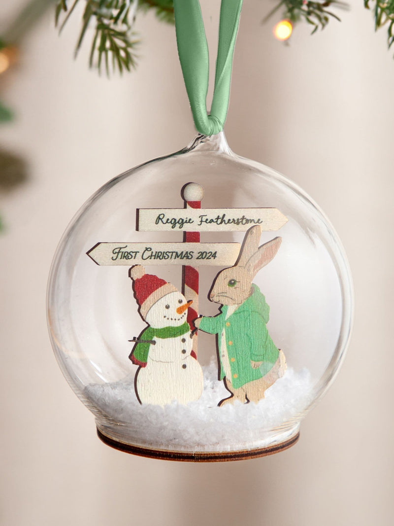No Ordinary Gift personalised Christmas bauble with rabbit and snowman (British brand)