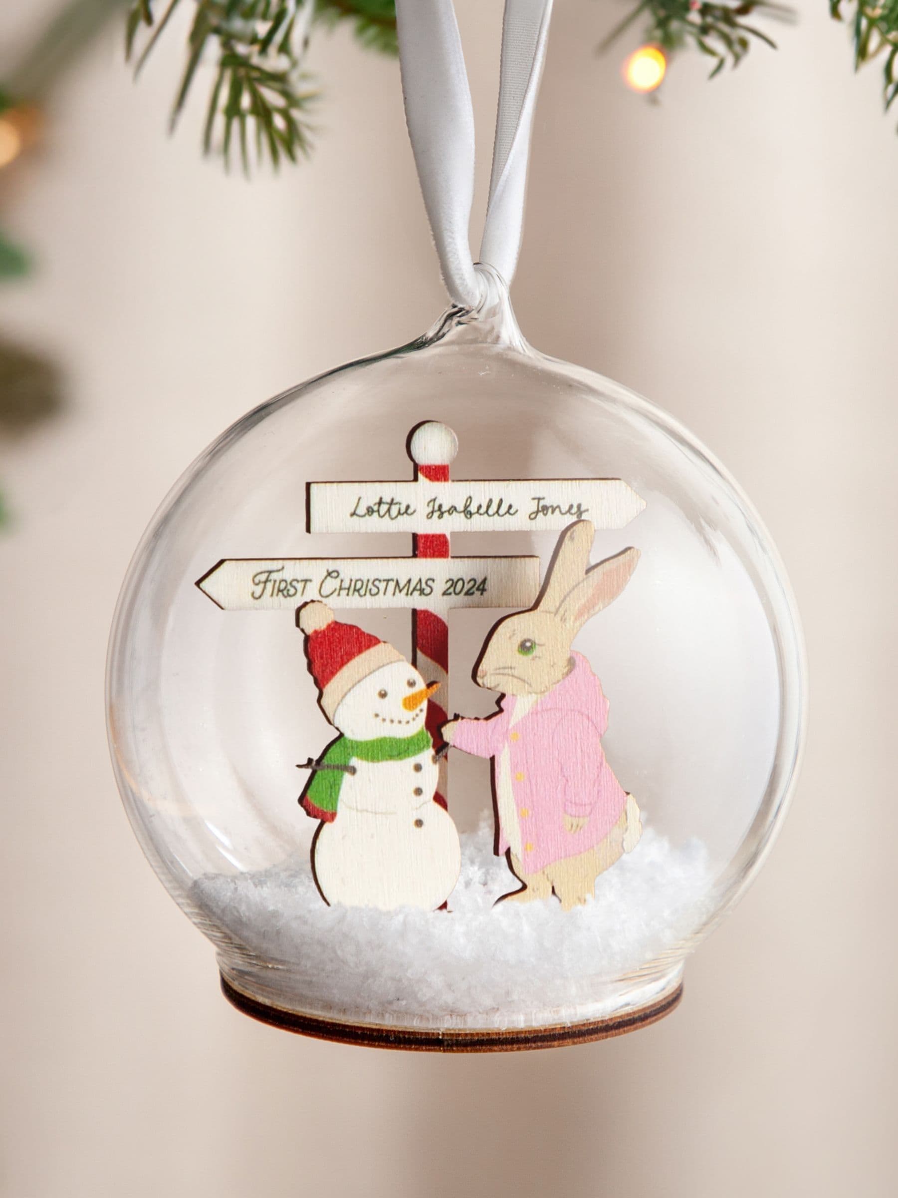 No Ordinary Gift personalised Christmas bauble with rabbit and snowman (British brand)