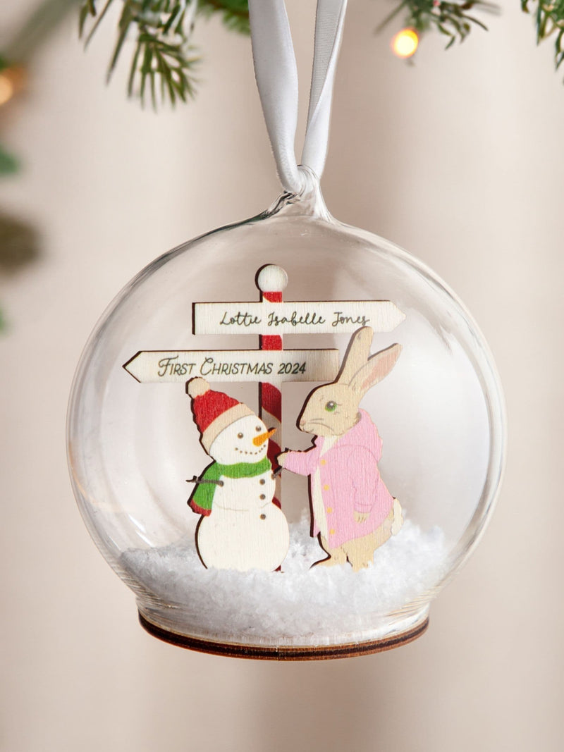 No Ordinary Gift personalised Christmas bauble with rabbit and snowman (British brand)