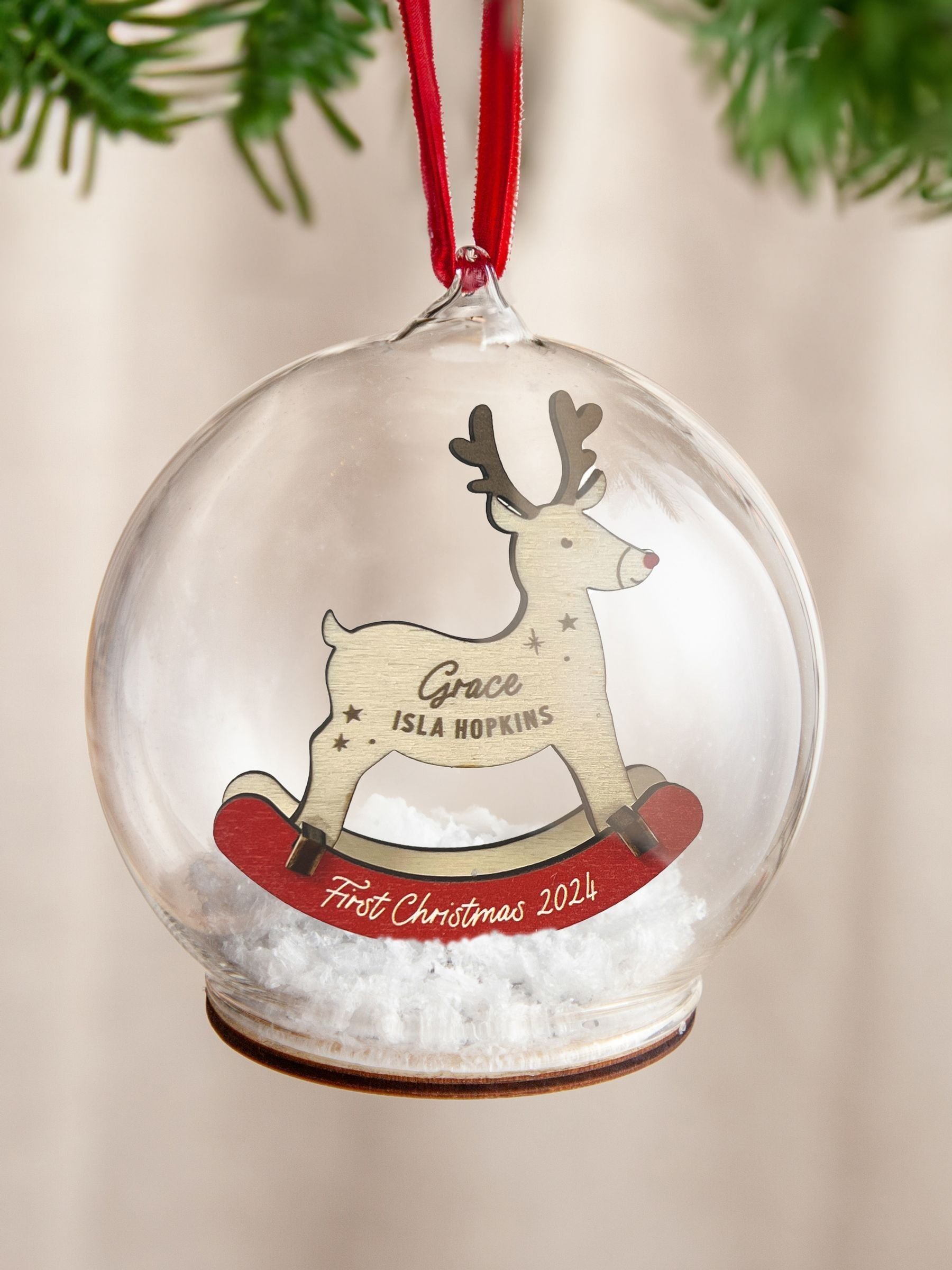 No Ordinary Gift personalised rocking reindeer bauble, imported from the UK