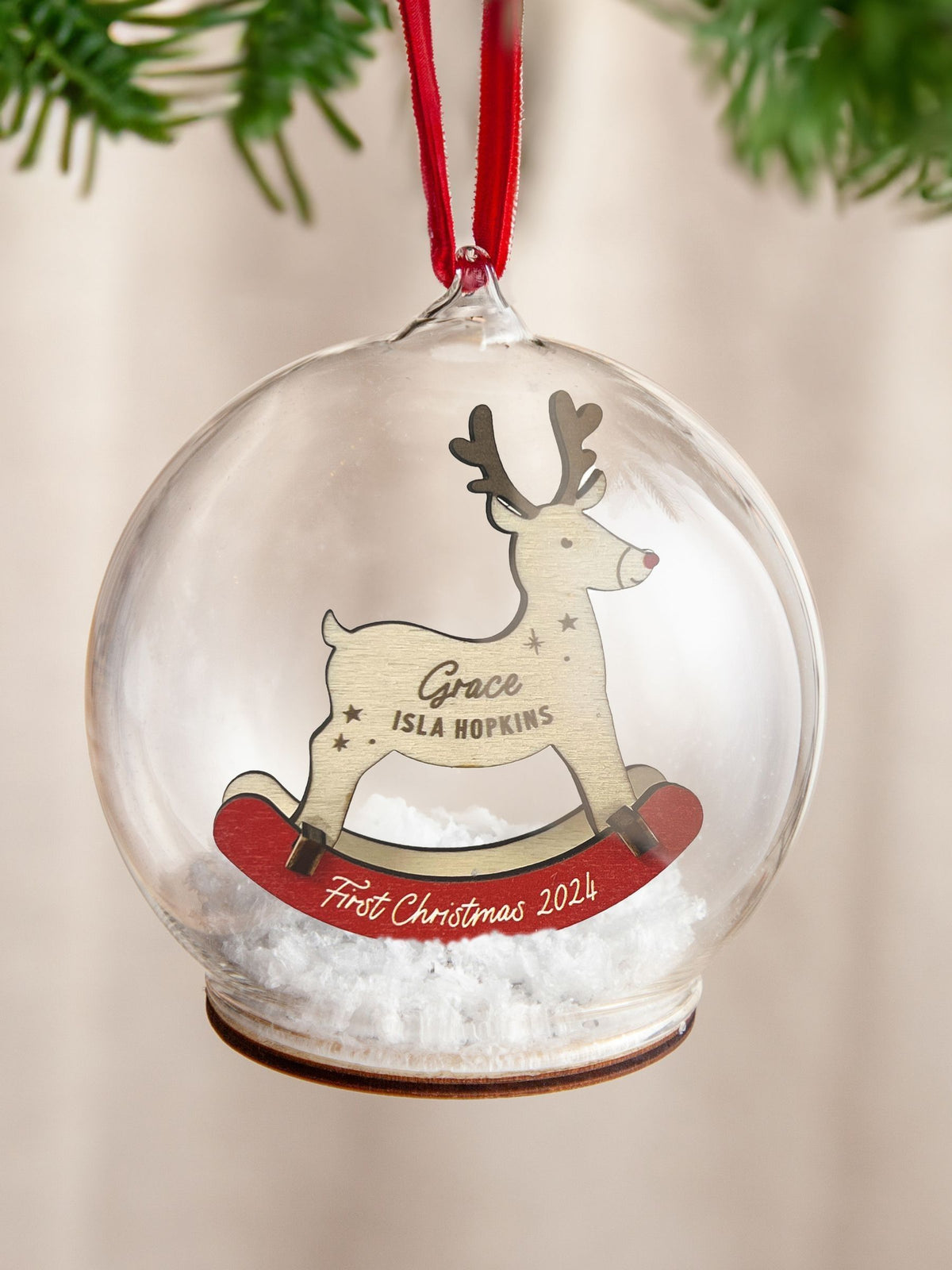 No Ordinary Gift personalised rocking reindeer bauble, imported from the UK