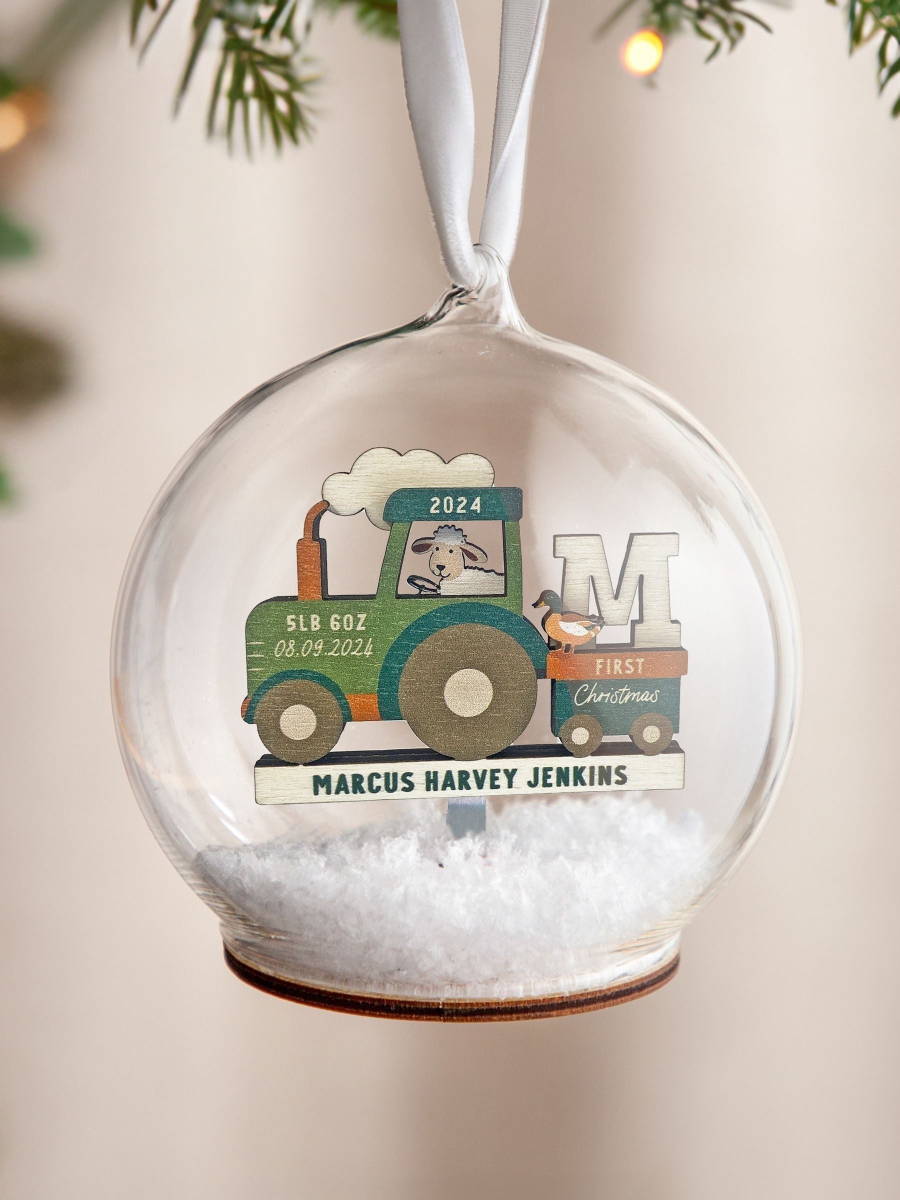 No Ordinary Gift personalised Christmas tractor bauble 10x10cm, imported from the UK