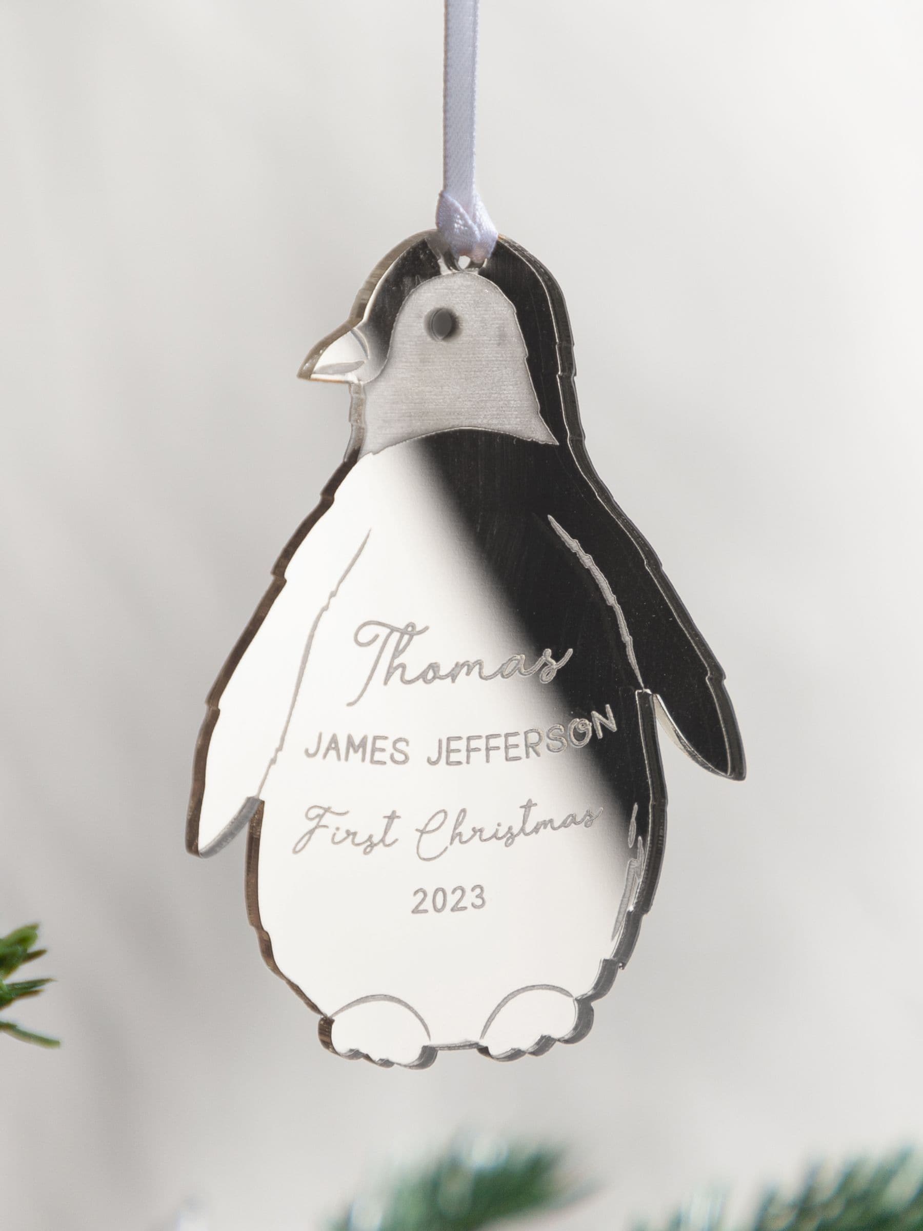 No Ordinary Gift mirror penguin ornament first Christmas, imported from the UK