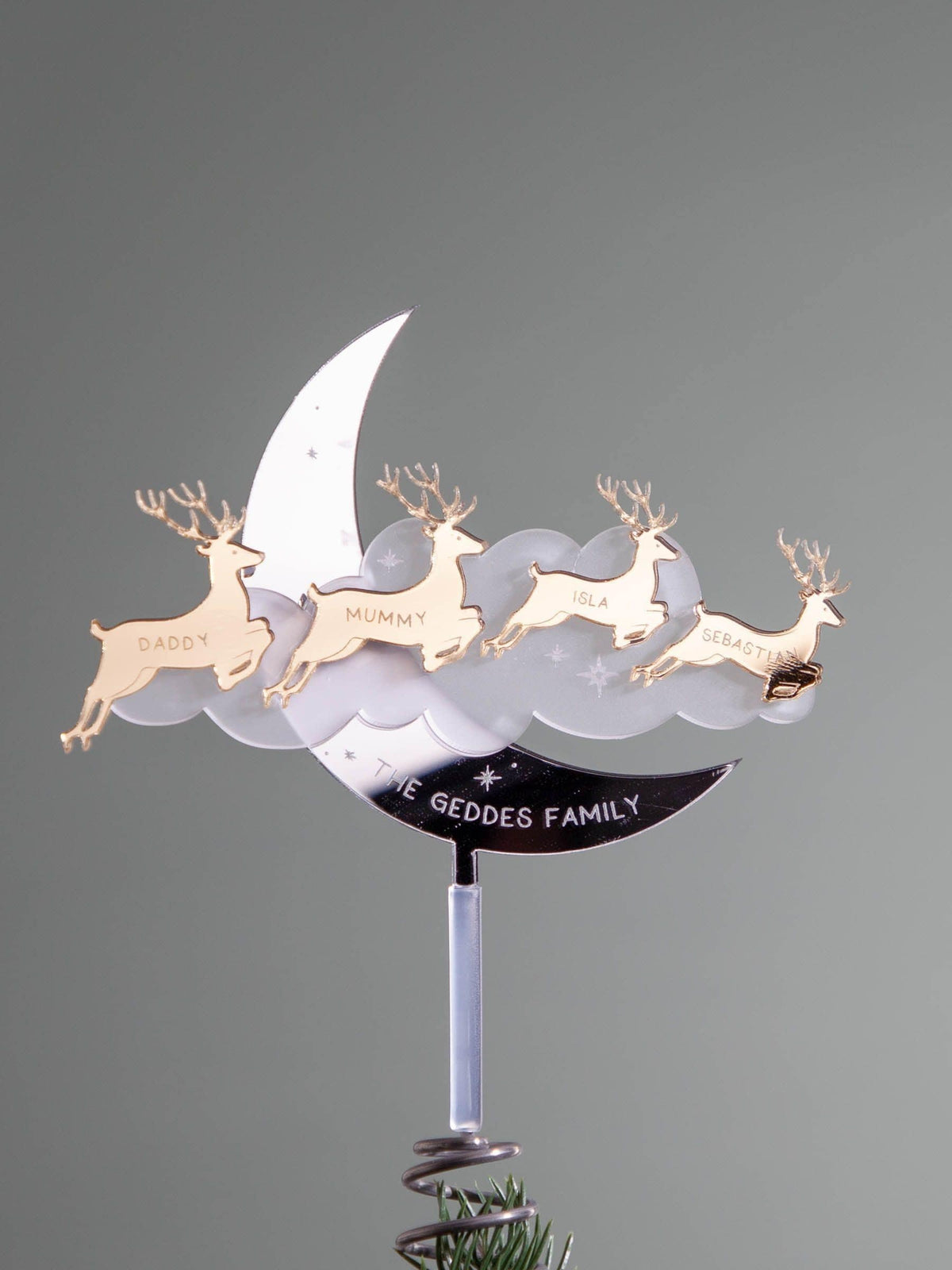 No Ordinary Gift personalised Christmas tree topper with family of reindeer (British brand)
