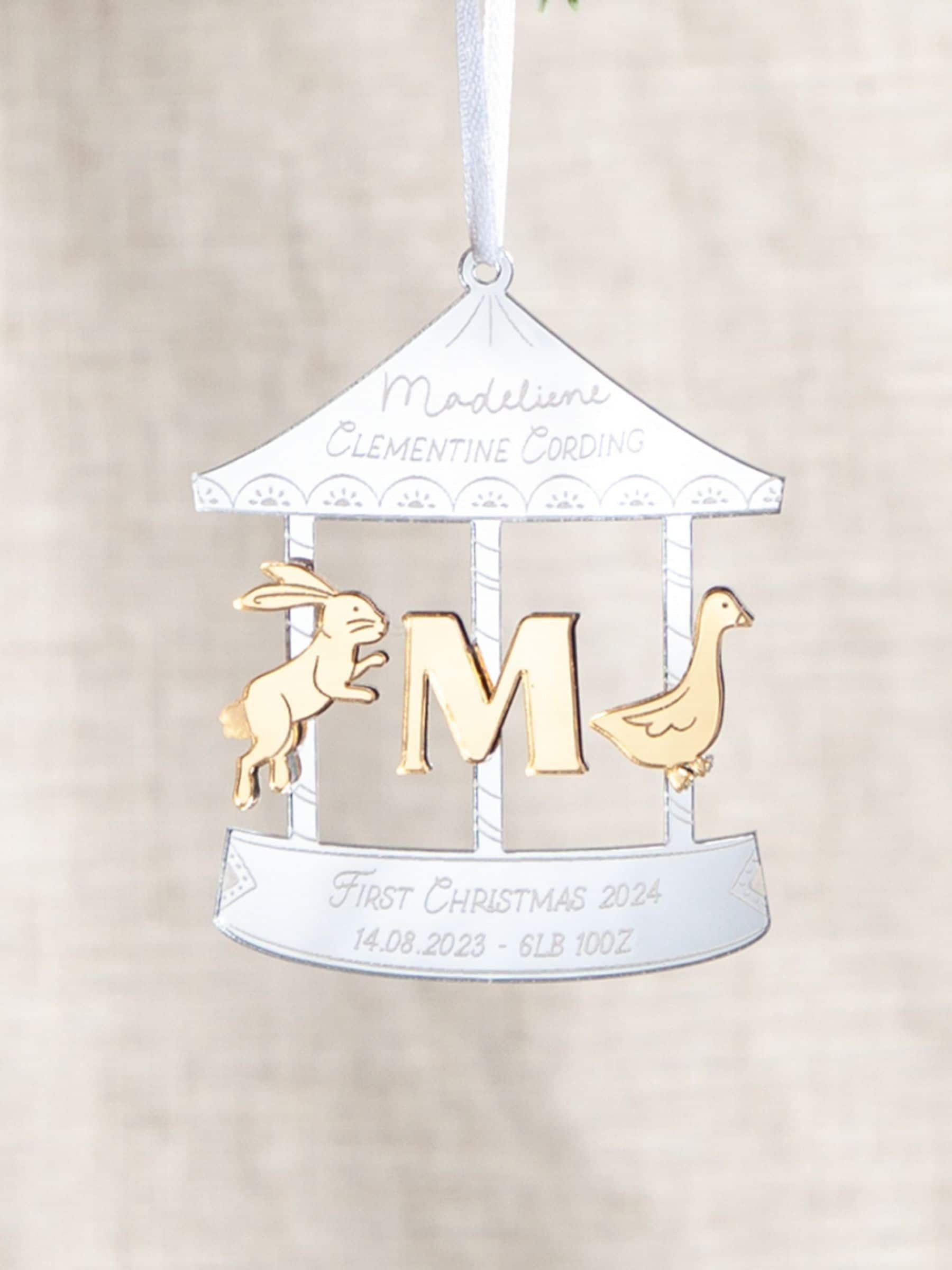 No Ordinary Gift personalised metallic mirror carousel decoration baby details, UK version