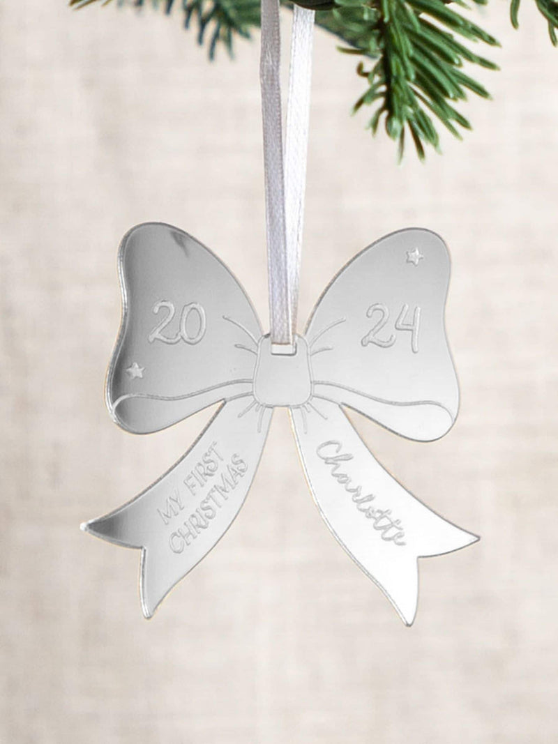 No Ordinary Gift metallic bow first Christmas decoration 7.5cm - British product